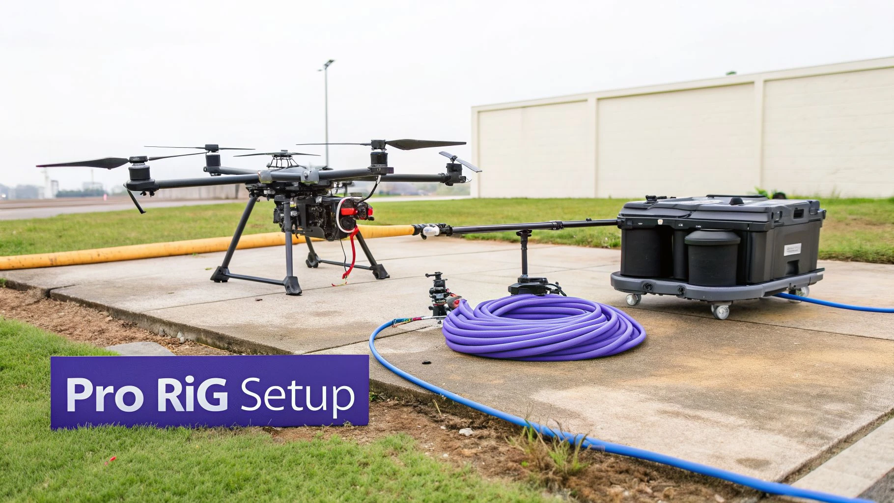 A 'Pro RiG Setup' showing a drone connected to a mobile power washing system with coiled hoses on concrete.