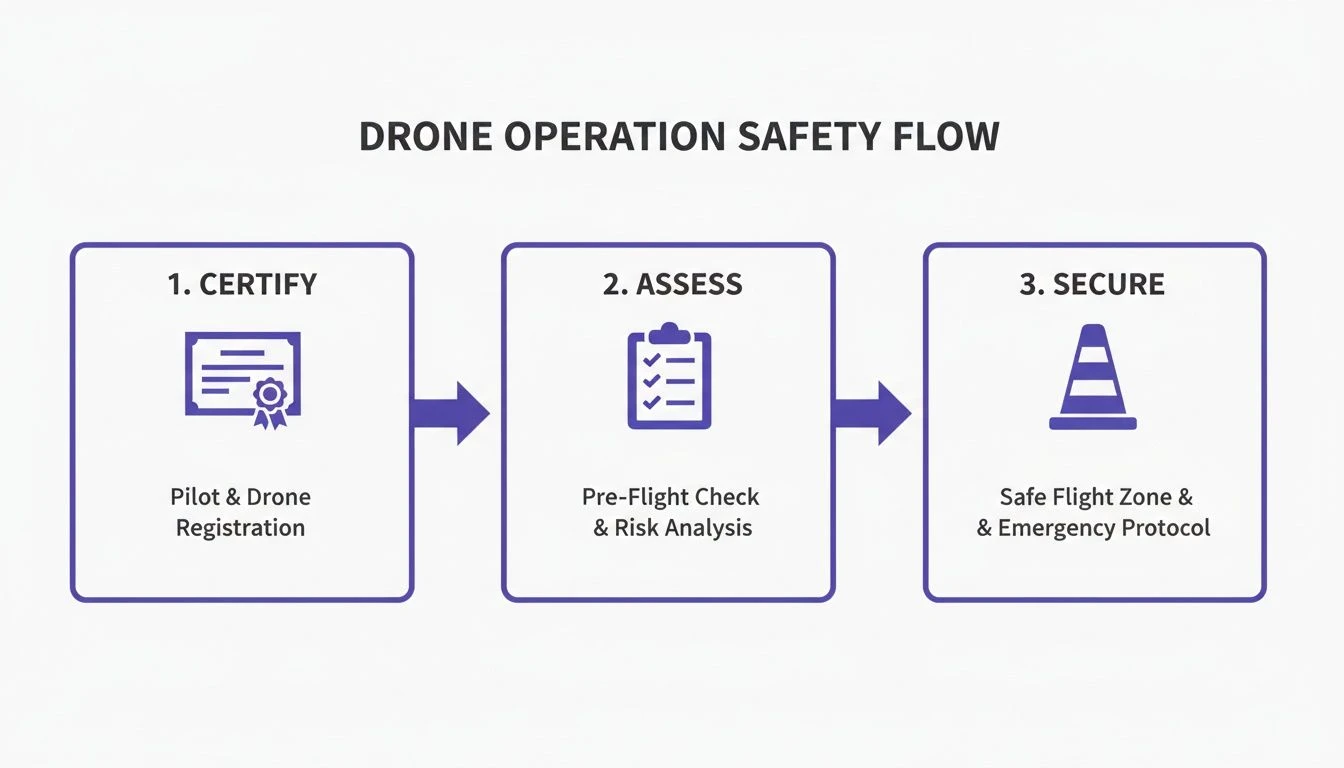 Flowchart illustrating the three-step drone operation safety flow: Certify, Assess, and Secure.