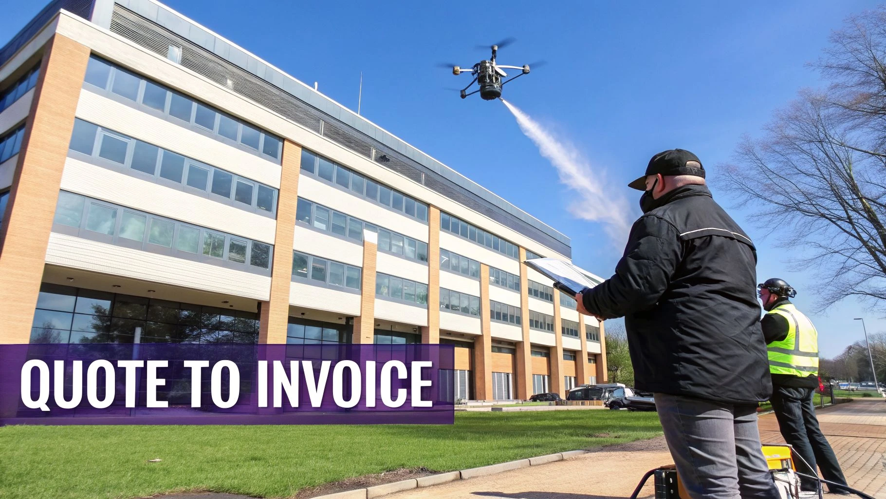 A drone power washer sprays water onto a building, operated by a technician.
