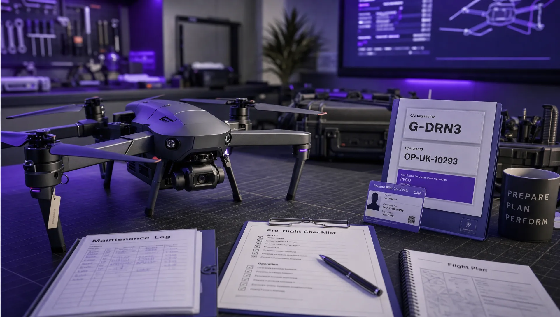 A commercial drone on a workbench beside registration labels, pilot identification cards, maintenance log sheets and a pre-flight checklist, showing organised compliance preparation before a professional flight.