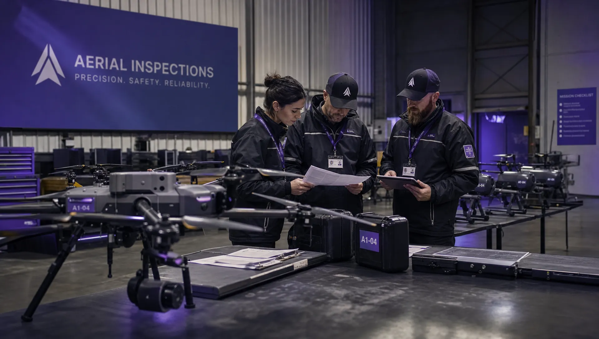 A commercial drone operations team reviewing aircraft labels, pilot credentials and flight documents beside several inspection drones lined up in a hangar for field deployment.