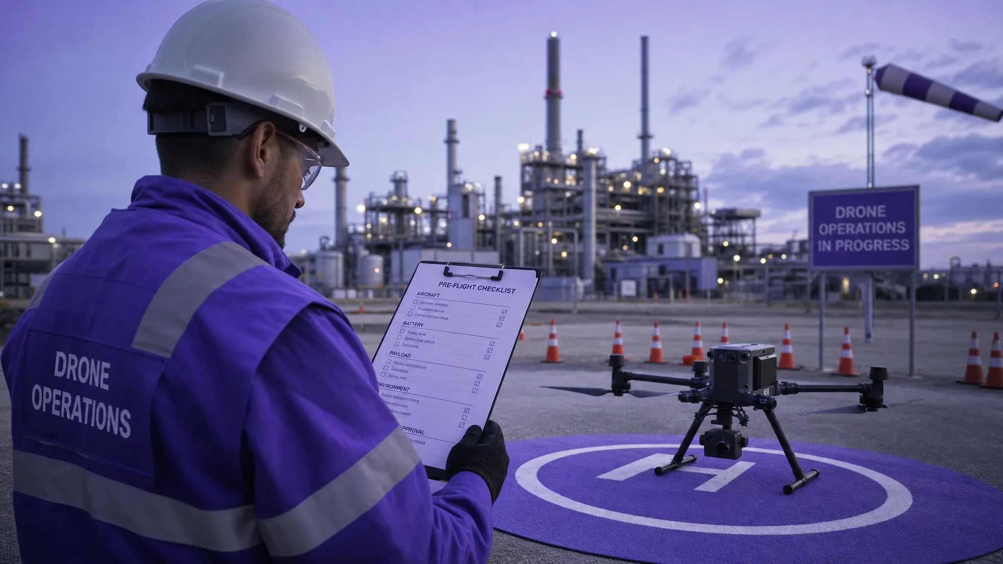 A commercial drone operations site with a drone on a landing mat, safety cones marking a clear take-off area, a remote pilot reviewing a printed checklist on a clipboard, and an industrial facility in the background.