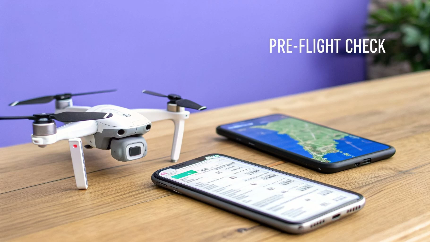A white drone and two smartphones on a wooden table, displaying map and flight details.