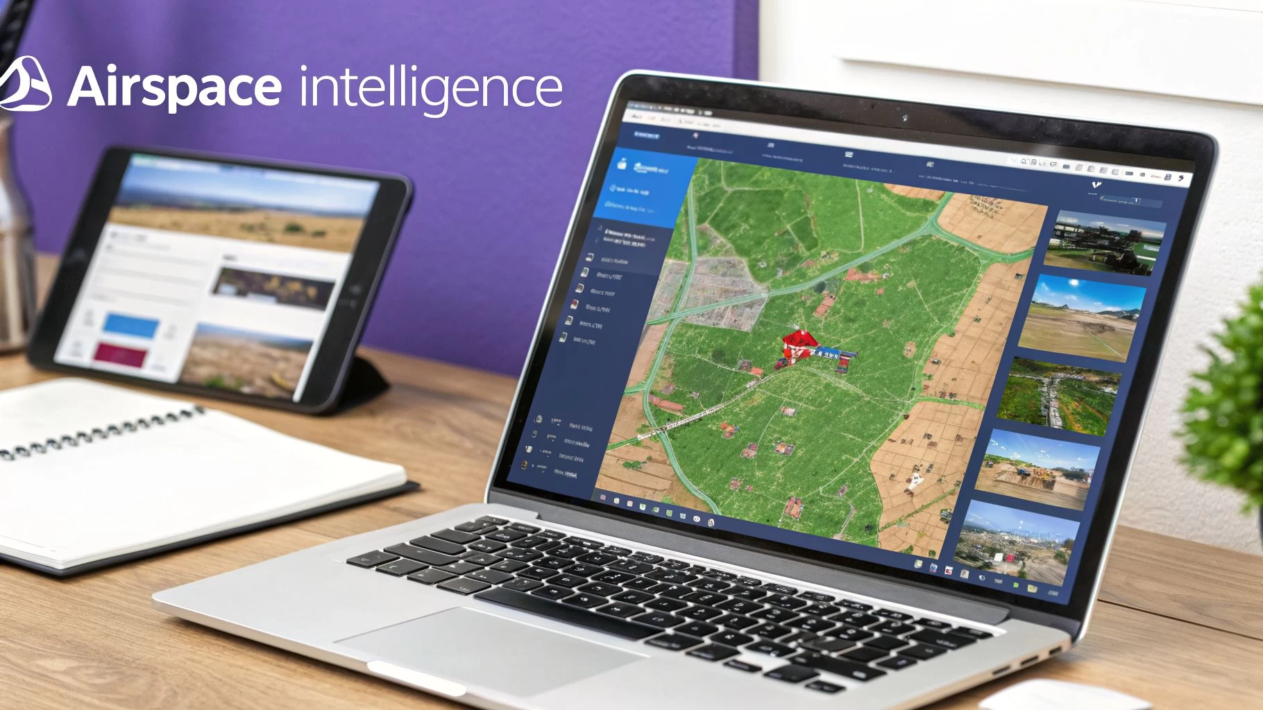 A laptop and tablet displaying 'Airspace intelligence' drone maps and data on a wooden desk.