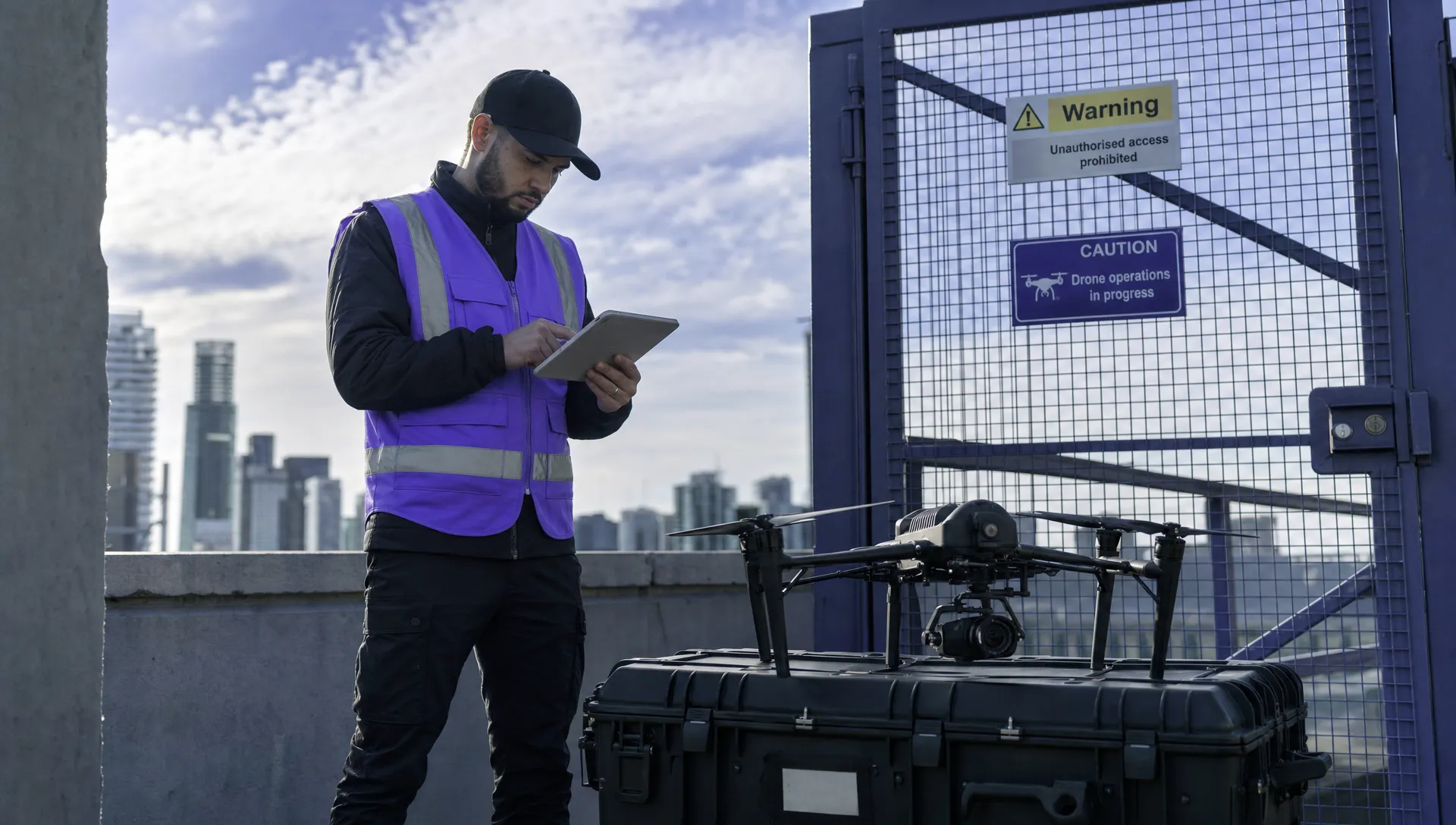 A commercial drone operator reviews a pre-flight site plan beside a drone case at a gated rooftop access point, with warning signs, nearby buildings and open sky in the background.