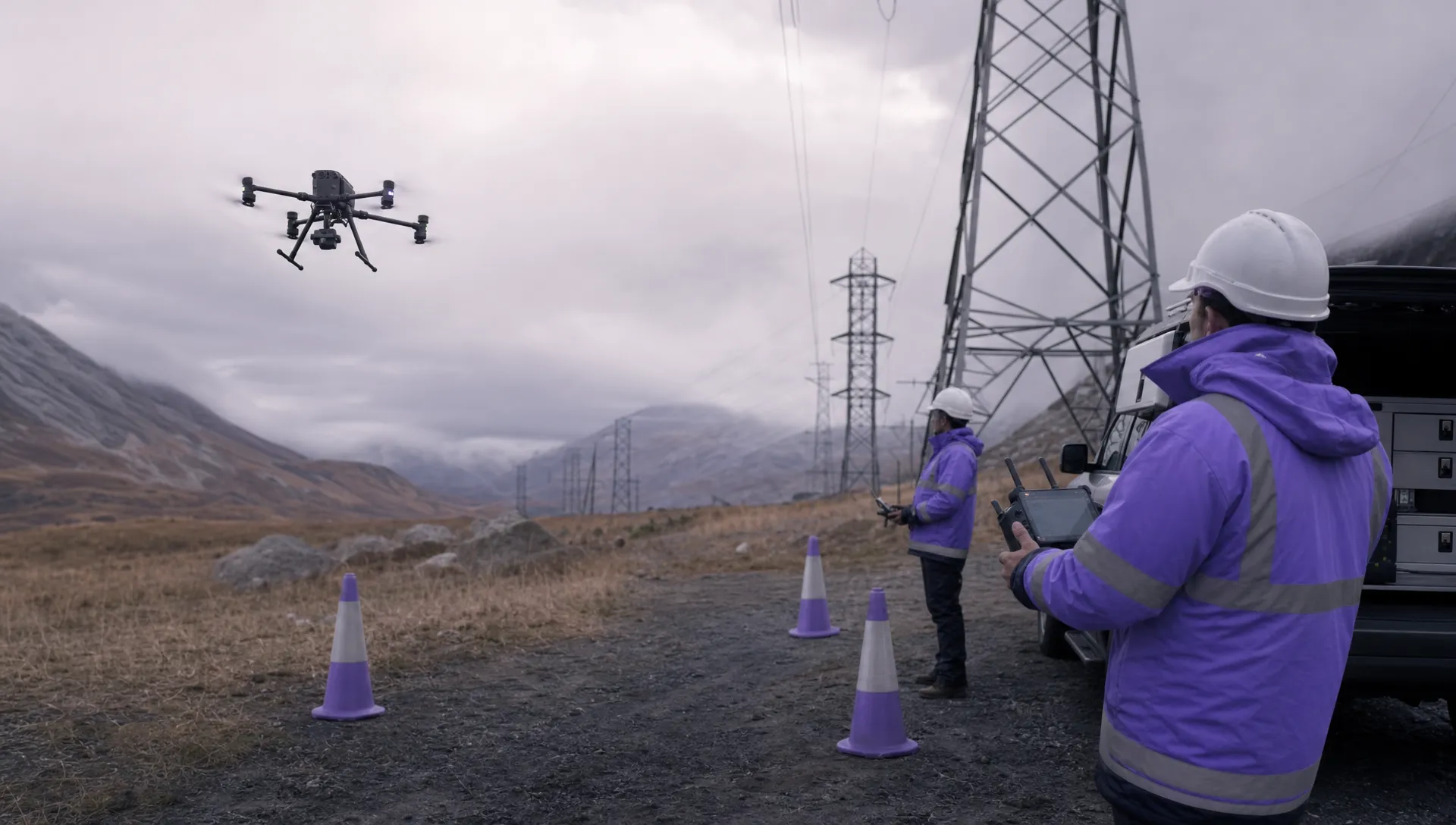 A DJI Matrice 350 RTK style drone flies away from a utility inspection crew while cones mark the control zone near power infrastructure.