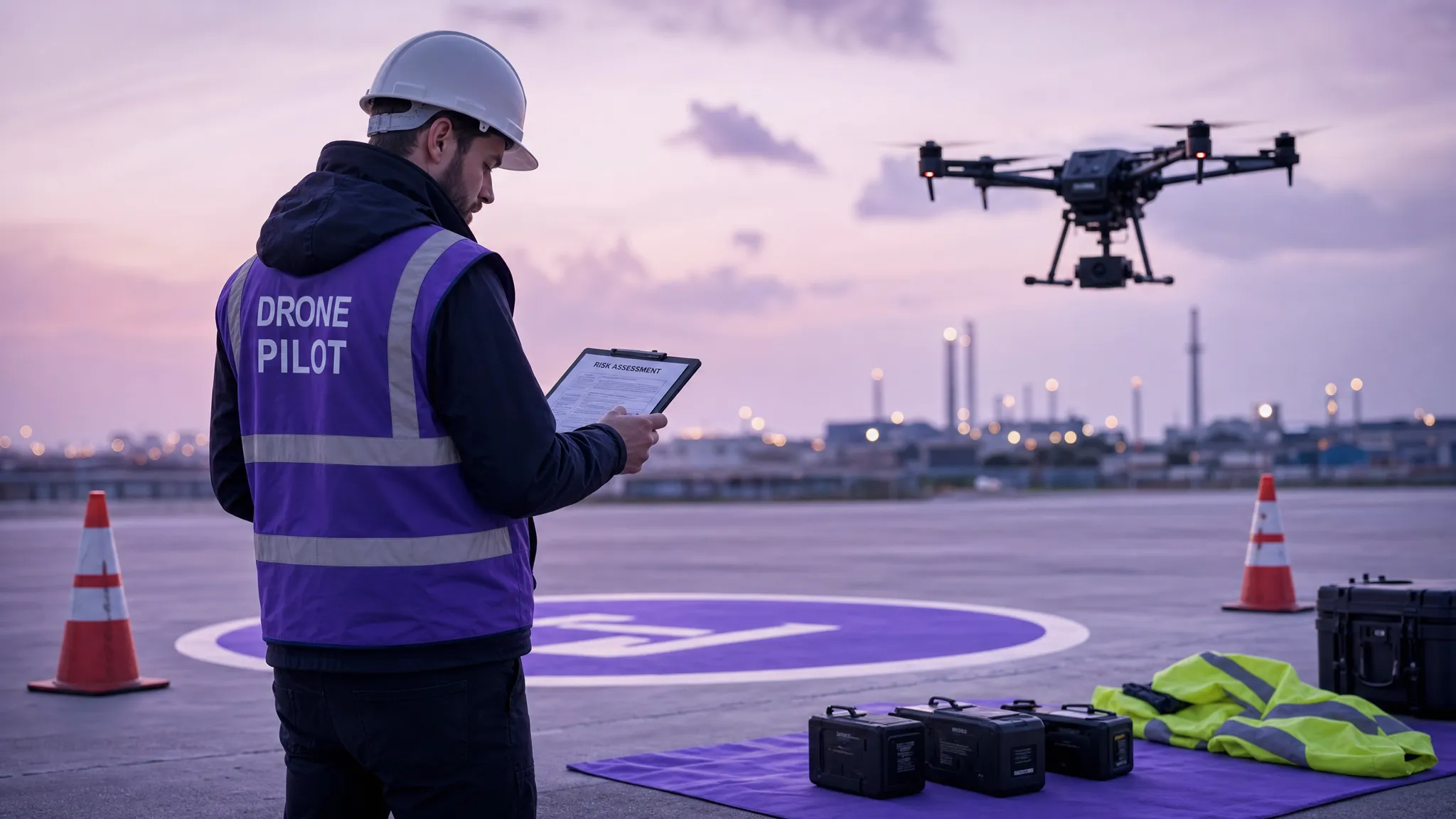 A commercial drone pilot standing beside a marked take-off area with cones, reviewing a clipboard risk assessment, spare batteries and a high-visibility jacket laid out on the ground nearby.