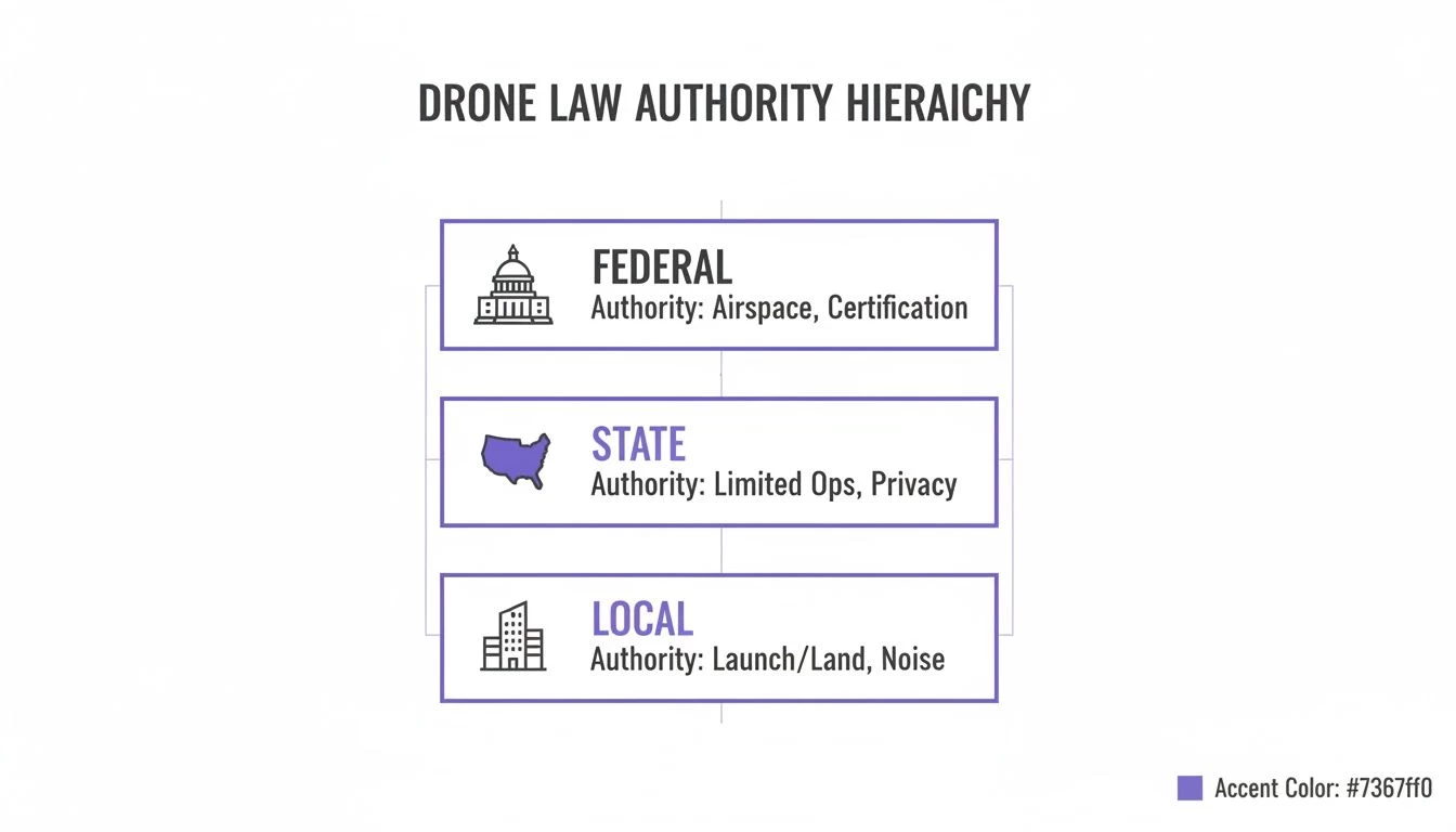 A hierarchy chart illustrating drone law authorities: Federal, State, and Local responsibilities for airspace, privacy, and noise.