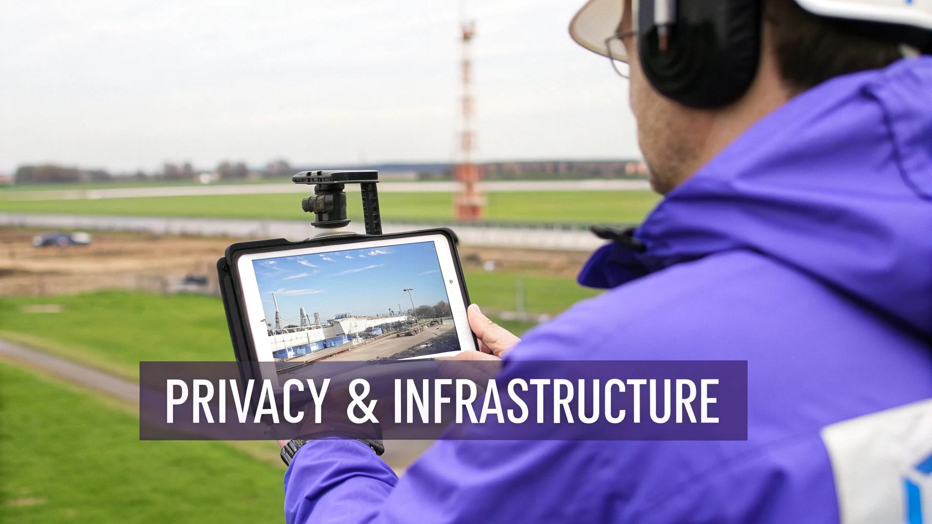 Person in purple jacket and hard hat uses a tablet displaying an industrial site, with text 'PRIVACY & INFRASTRUCTURE'.