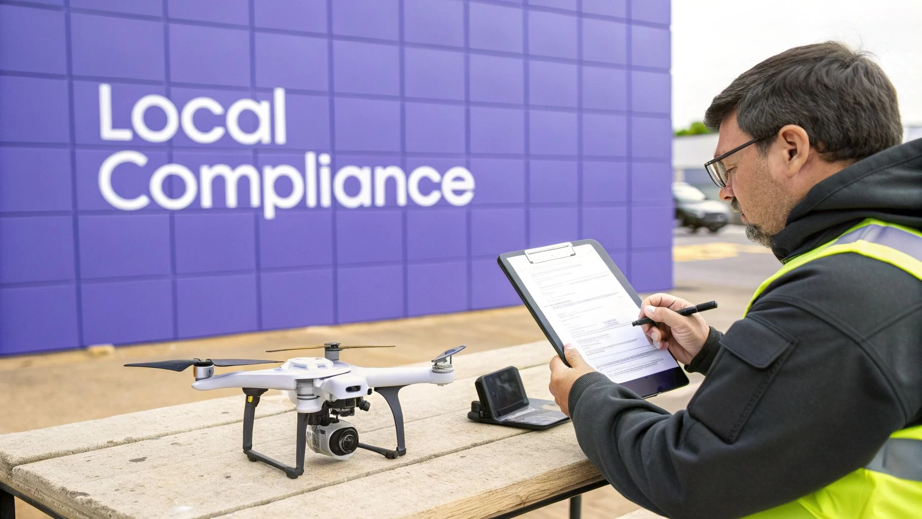 Man in a safety vest writing on a clipboard next to a drone, with 'Local Compliance' on a purple wall.