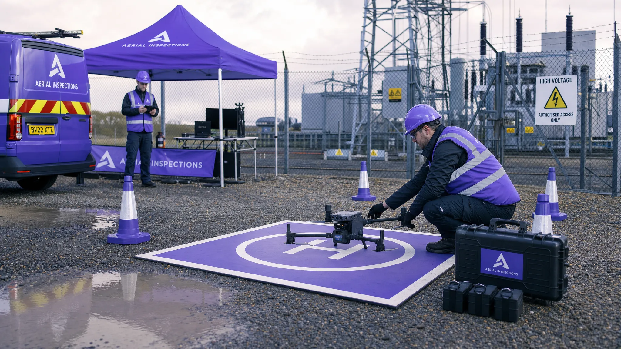 A commercial drone crew setting up a marked take-off and landing area beside a utility site, with safety cones, a compact drone on a landing mat, battery cases and surrounding infrastructure clearly visible from a slightly elevated angle.