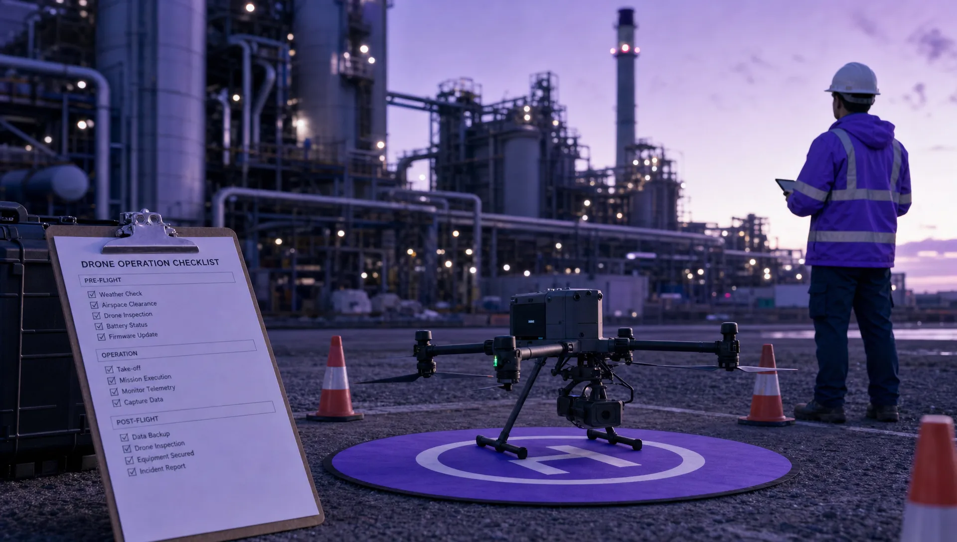 A commercial drone operation at an industrial inspection site, with a drone on a landing mat, safety cones, a checklist clipboard and a crew member checking the surroundings.