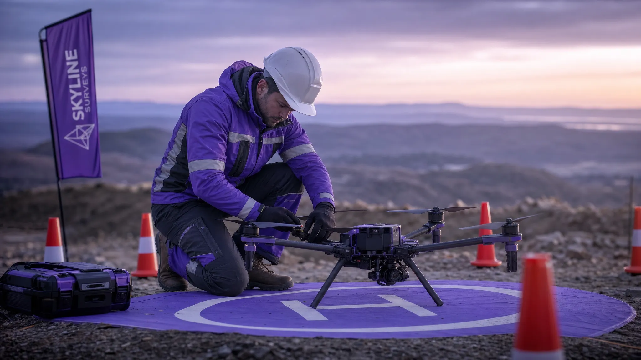 A commercial drone operator kneels beside a multirotor drone on a landing mat, checking propellers and batteries while safety cones mark the take-off area at an open survey site.