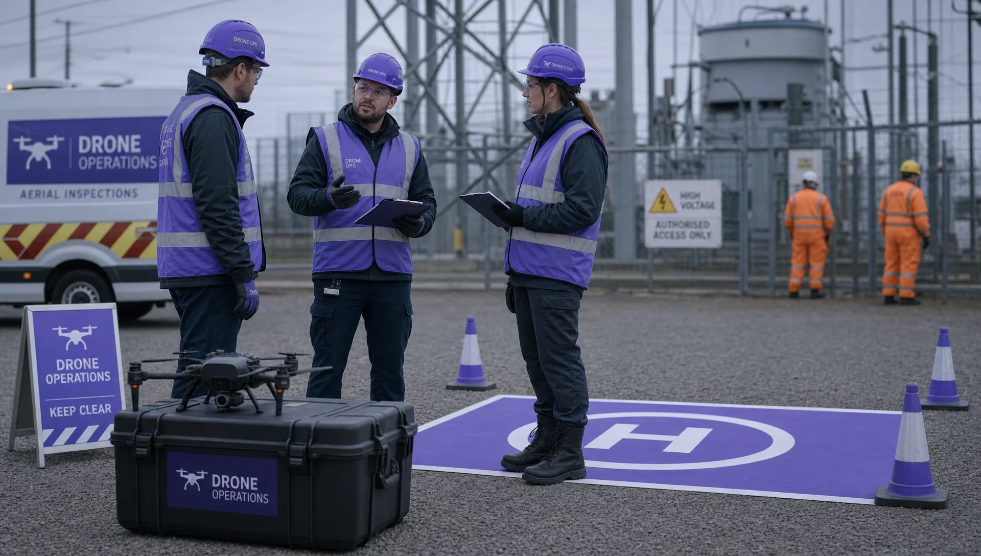 A commercial drone crew carrying out a pre-flight safety briefing beside a marked take-off area at an industrial utility site, with safety cones, a drone case, checklists and clear separation from workers in the background.