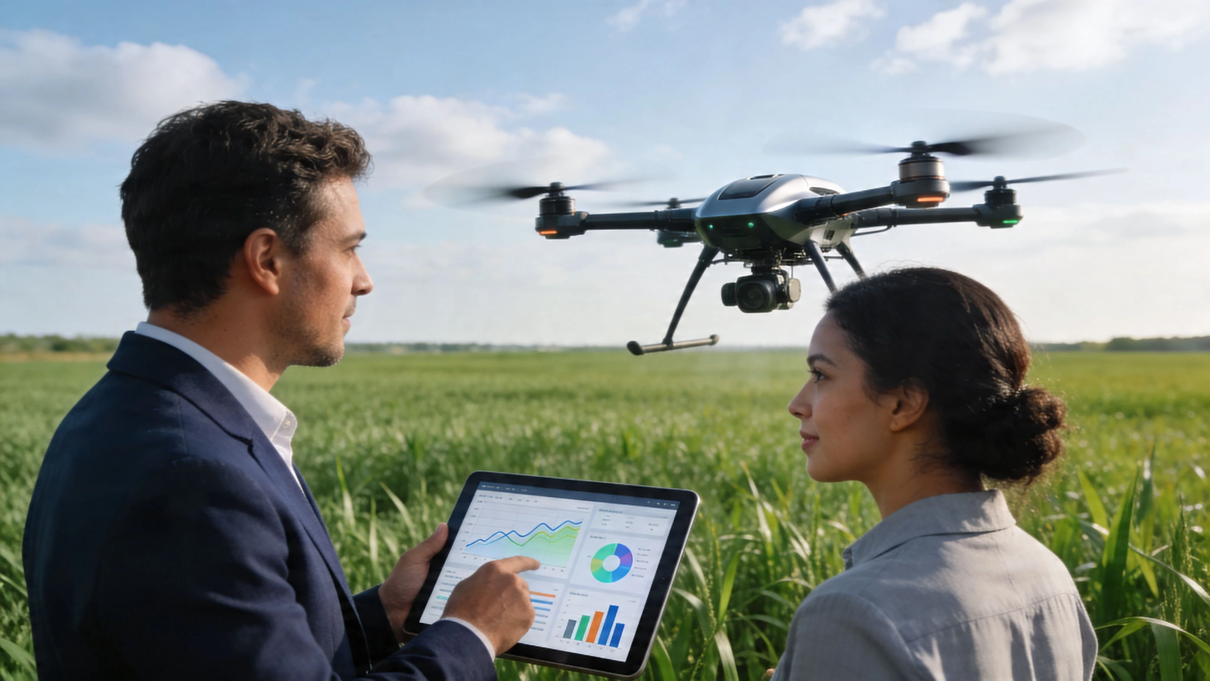 A man and a woman in business attire analyzing agricultural data on a tablet near a drone.