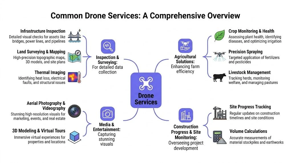 A comprehensive infographic illustrating various common drone services across inspection, agriculture, construction, and media industries.