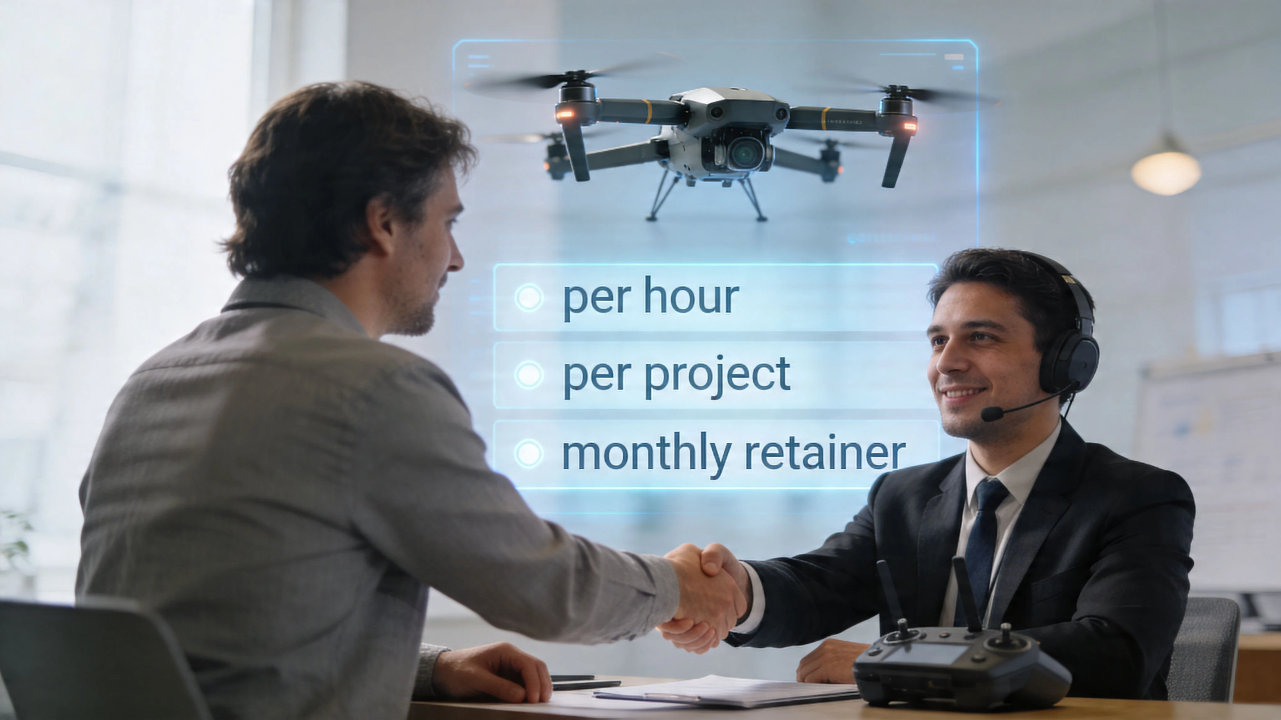 A professional drone operator in a suit shaking hands with a client to agree on service terms.