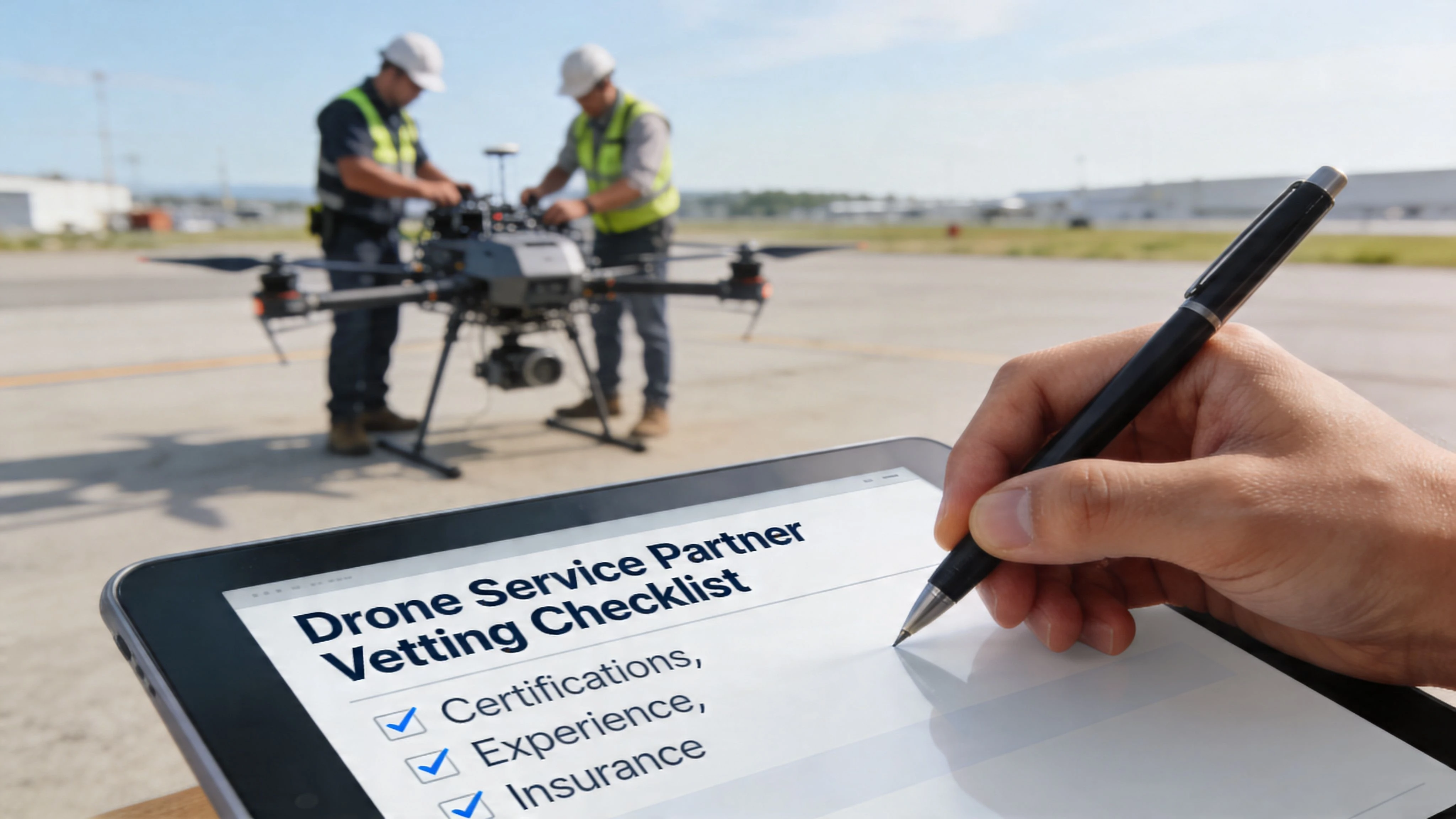 A person checking a drone service partner vetting checklist on a digital tablet with technicians working in the background.