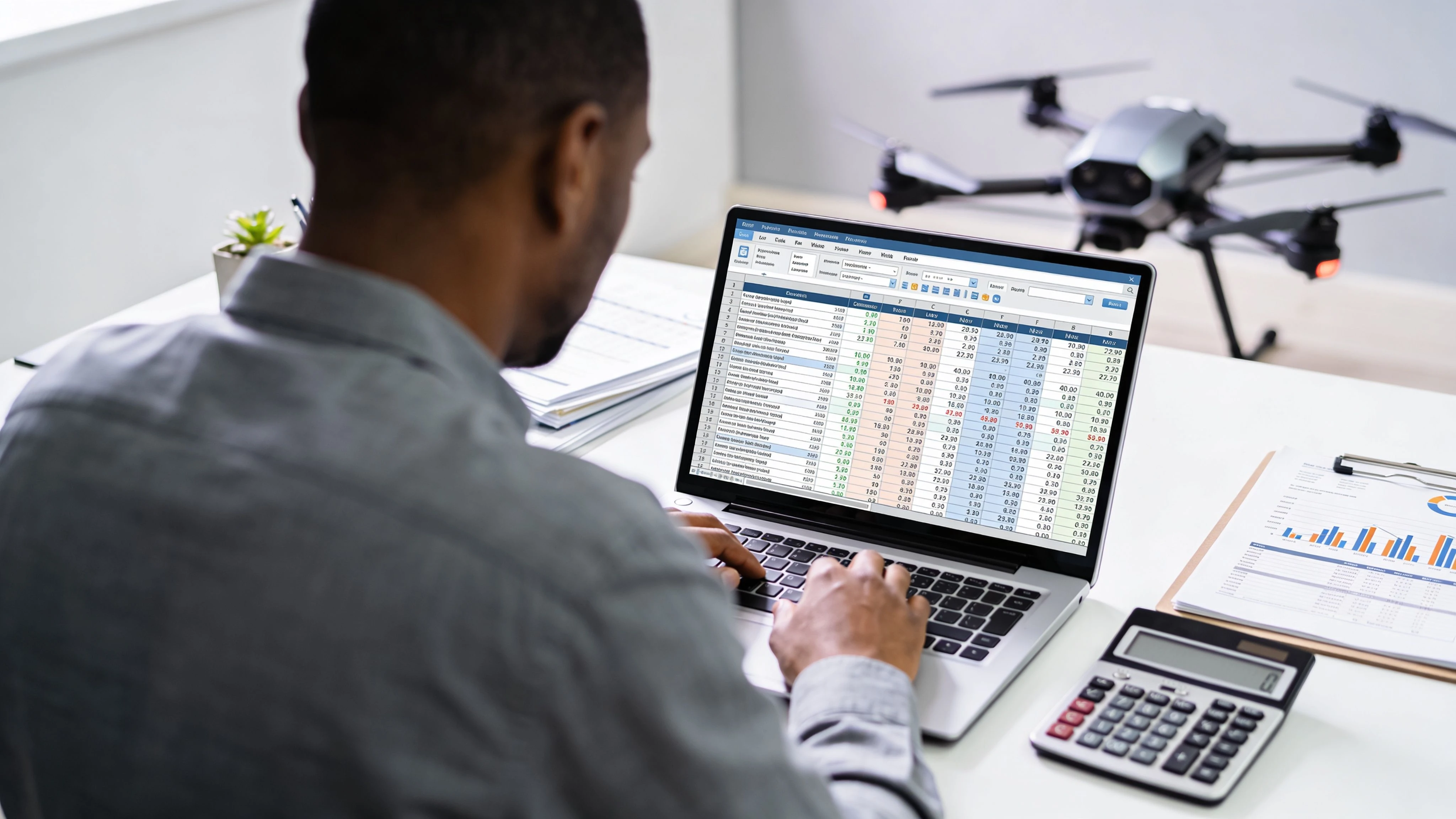 A professional analyzing drone services pricing data on a laptop computer at a modern office desk.