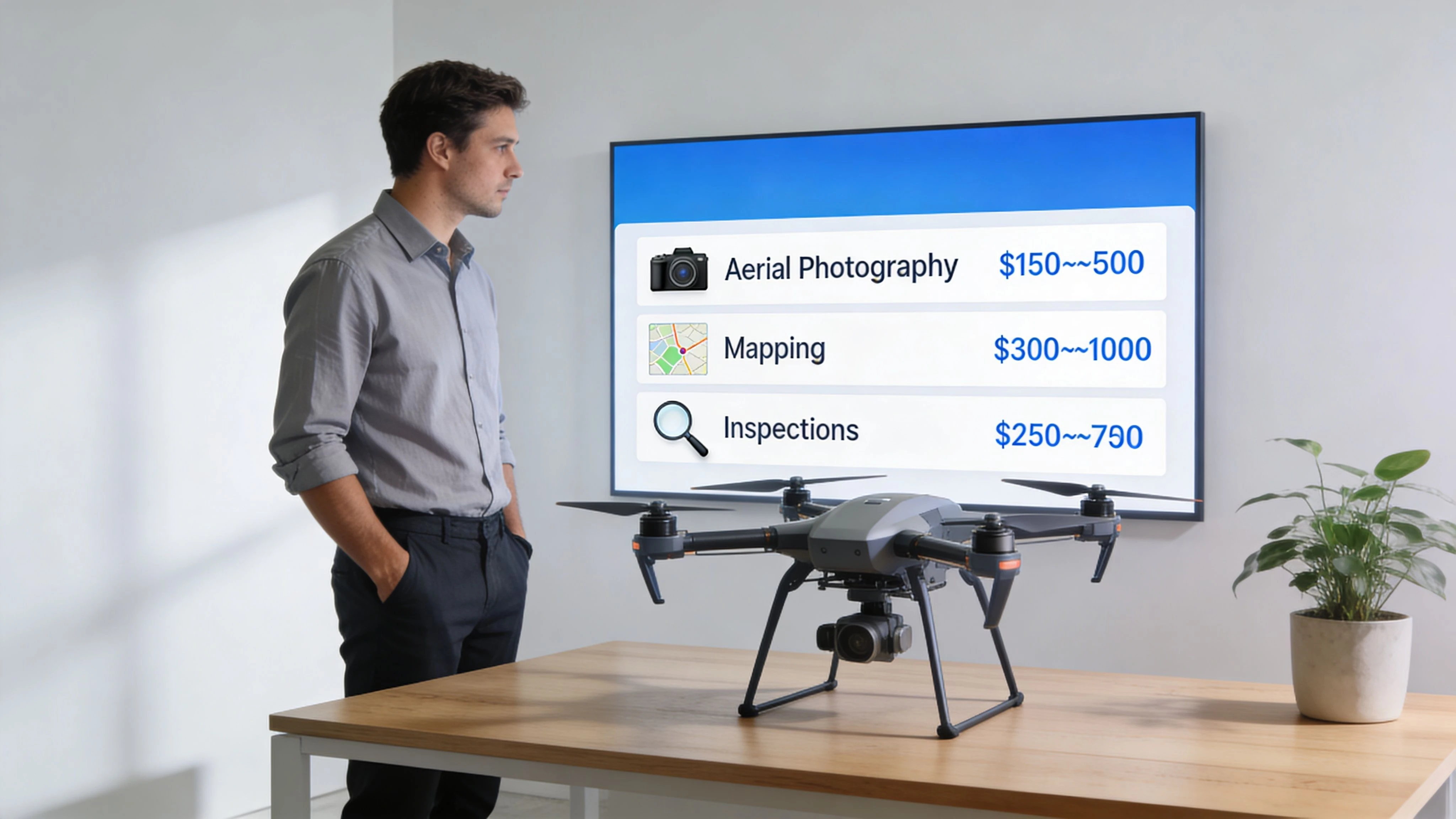 A man stands beside a drone on a table while viewing a display of drone services pricing.