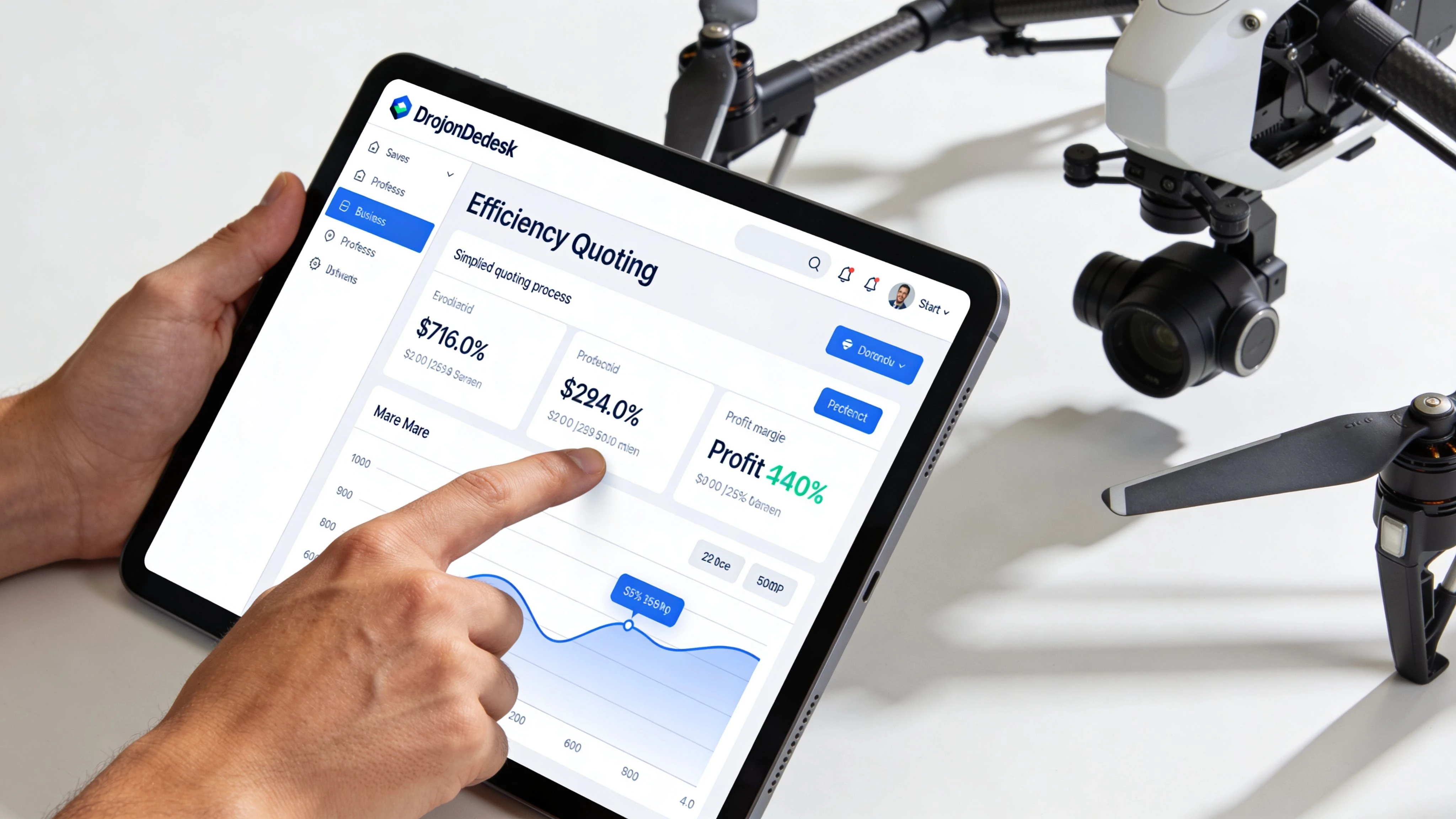 A person using a tablet to manage drone services pricing and efficiency metrics with a drone nearby.