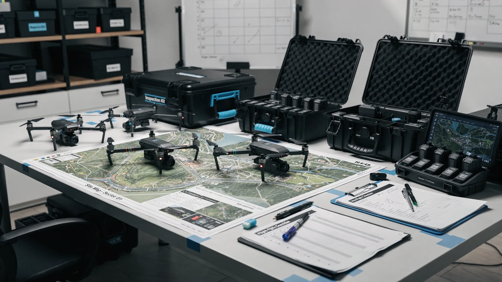 A commercial drone operations workspace with drones, batteries, labelled equipment cases, printed maps, inspection notes and safety checklists arranged on a large planning table.