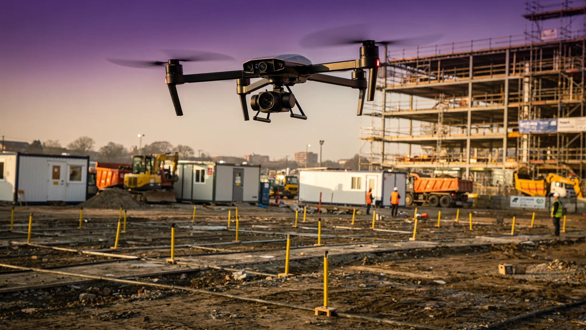 A commercial drone flying over a UK construction site with survey markers, site cabins, machinery and a partially completed building visible below.