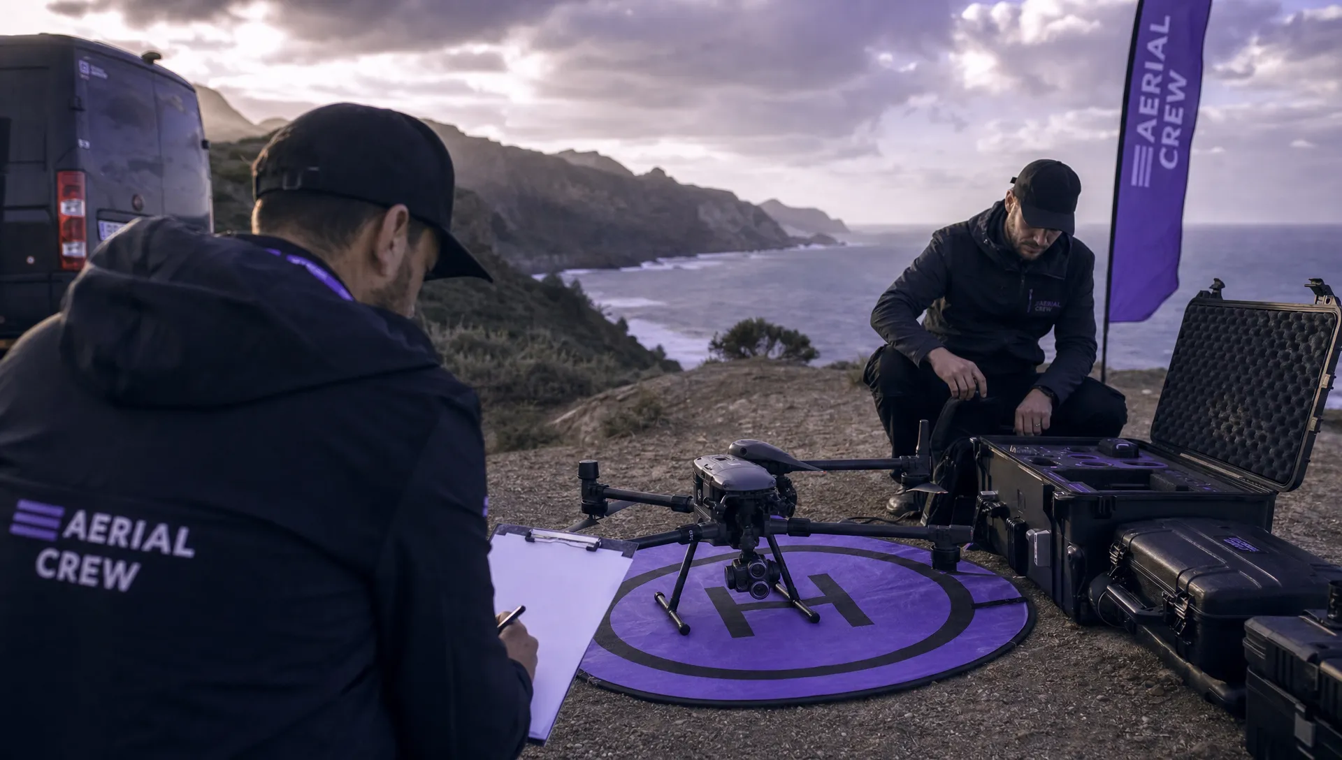 A professional drone crew preparing for an outdoor commercial videography shoot, with a drone on a landing mat, open flight cases, a blank clipboard and the filming location visible in the background.