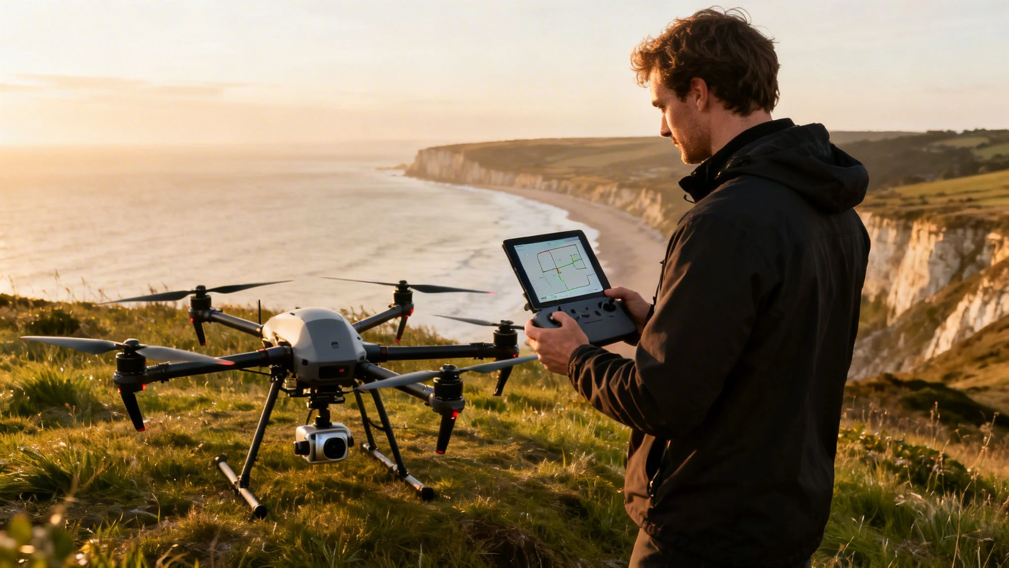 A man controls a drone with a tablet on a grassy cliff overlooking a scenic ocean bay at sunset.