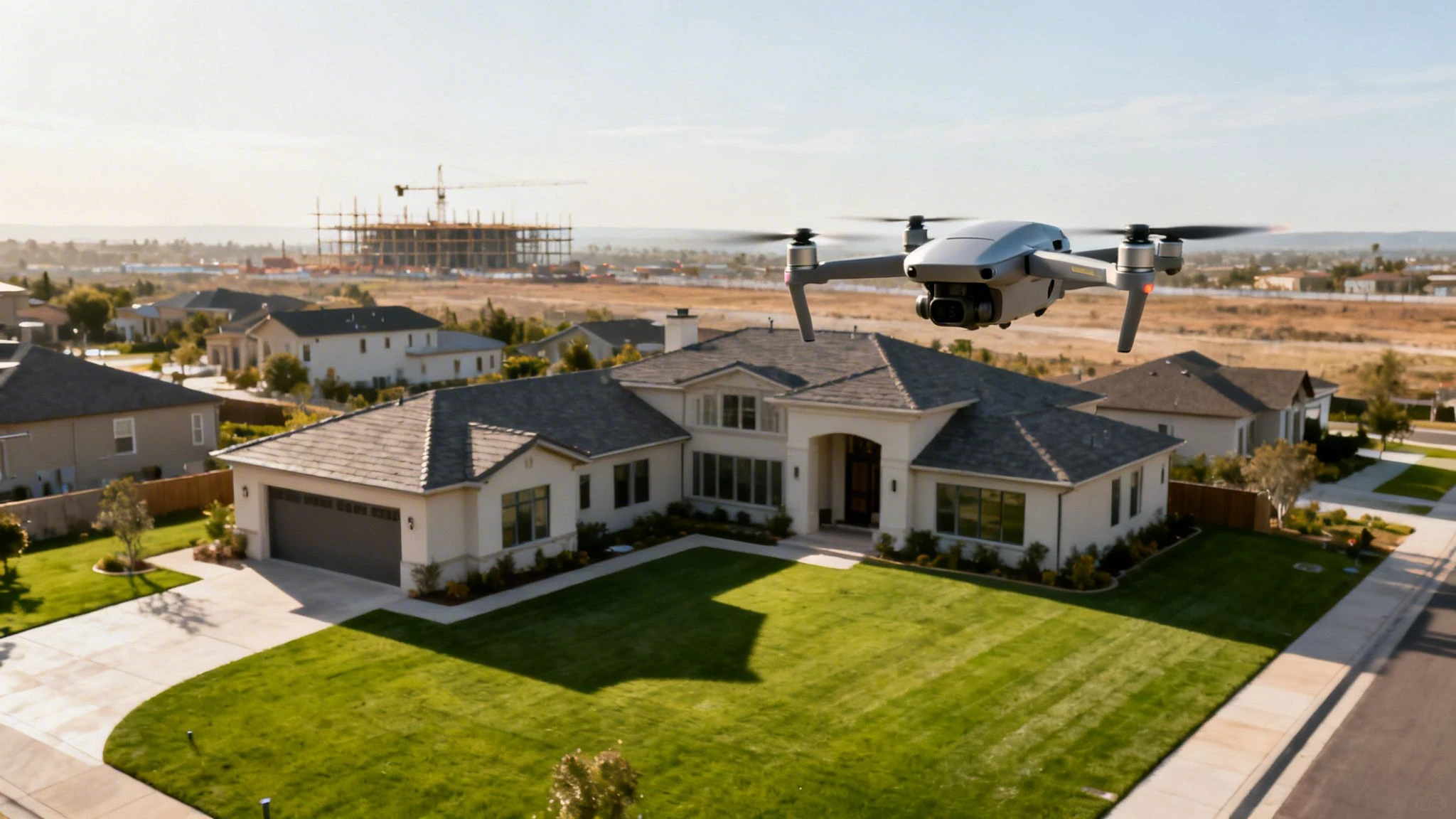 A drone flies over a large suburban house with a vibrant green lawn at sunset, capturing aerial footage.
