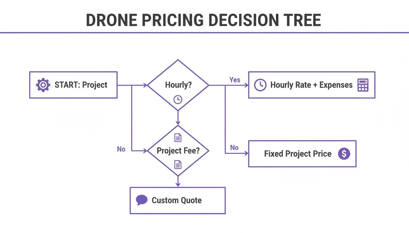 A flowchart titled 'Drone Pricing Decision Tree', illustrating steps for project pricing based on hourly or fixed fees.