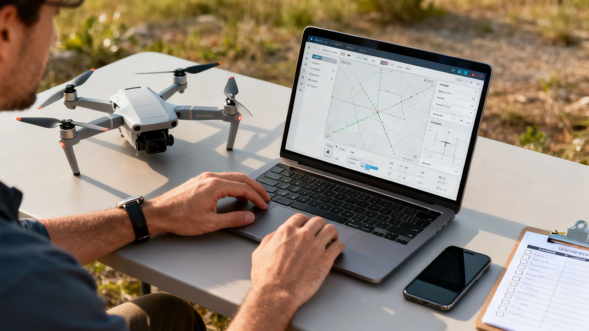 A person uses a laptop outdoors, next to a drone, planning flight paths for aerial videography.