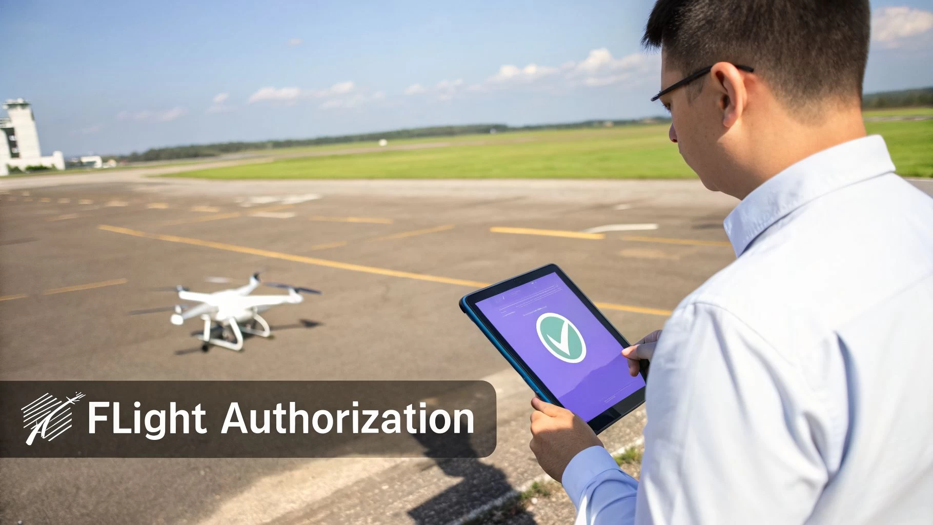 Man operating a drone with a tablet showing flight authorization at an airfield.