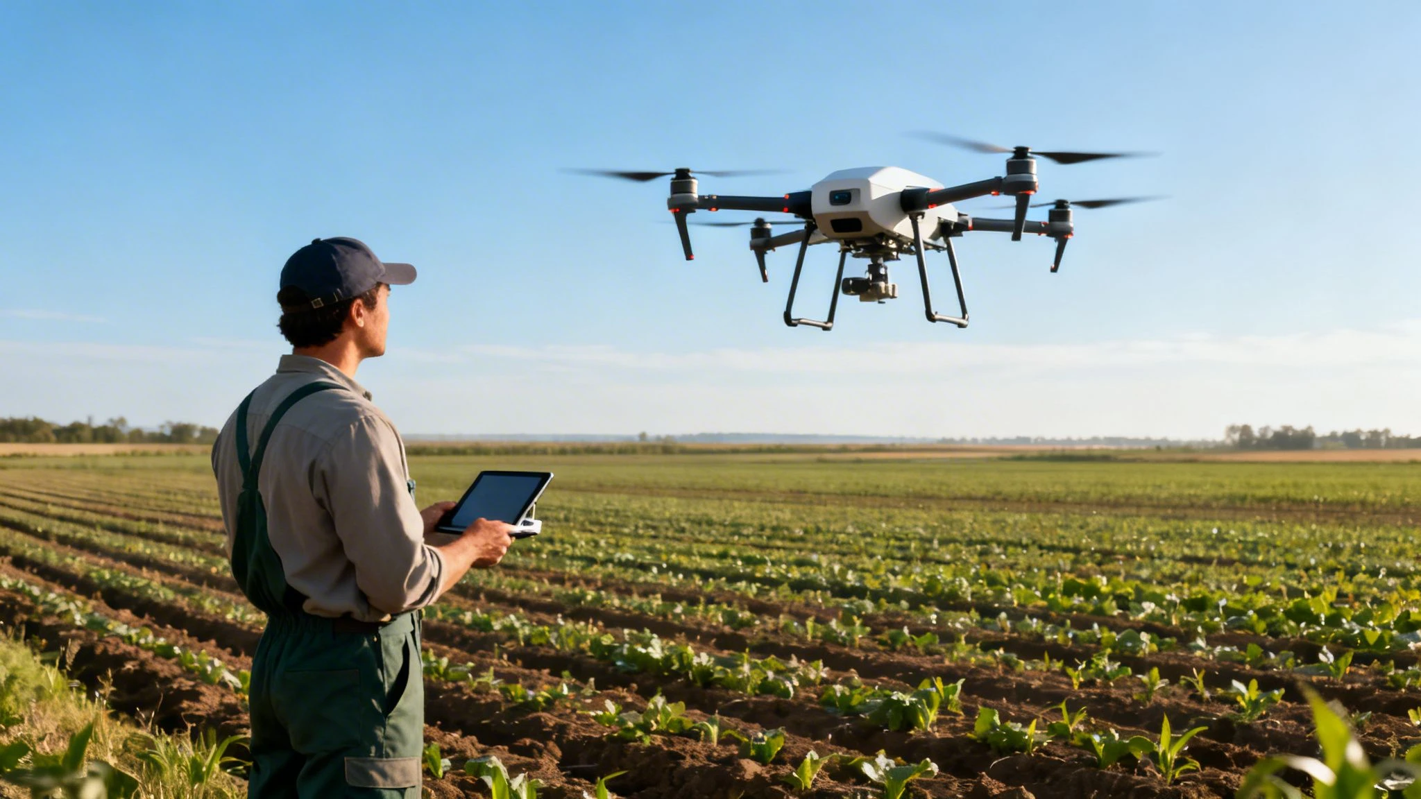 Farmer operating an agricultural drone with a tablet controller to monitor crops in a field.