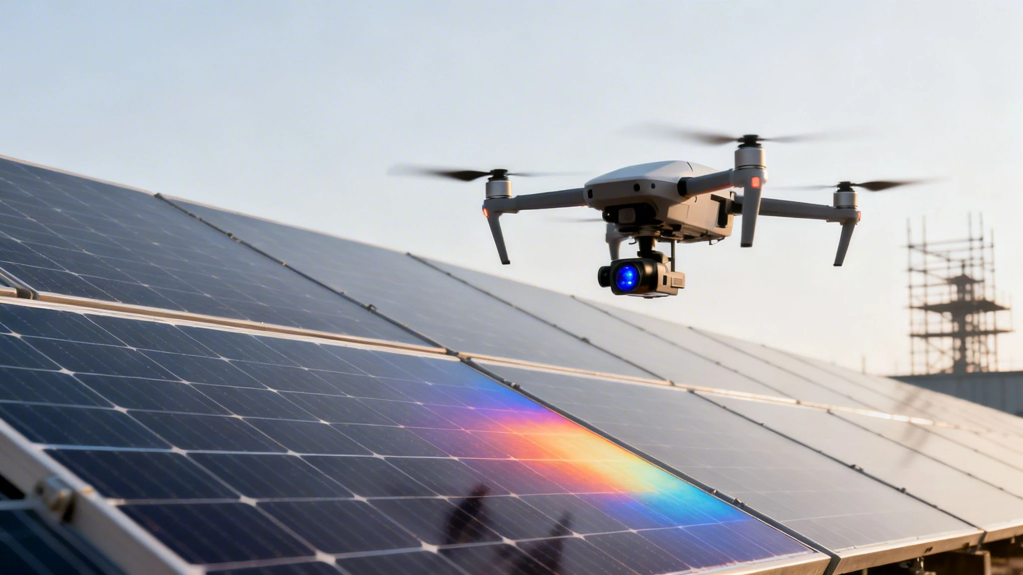 A drone with a blue light hovers above solar panels, reflecting a rainbow spectrum.