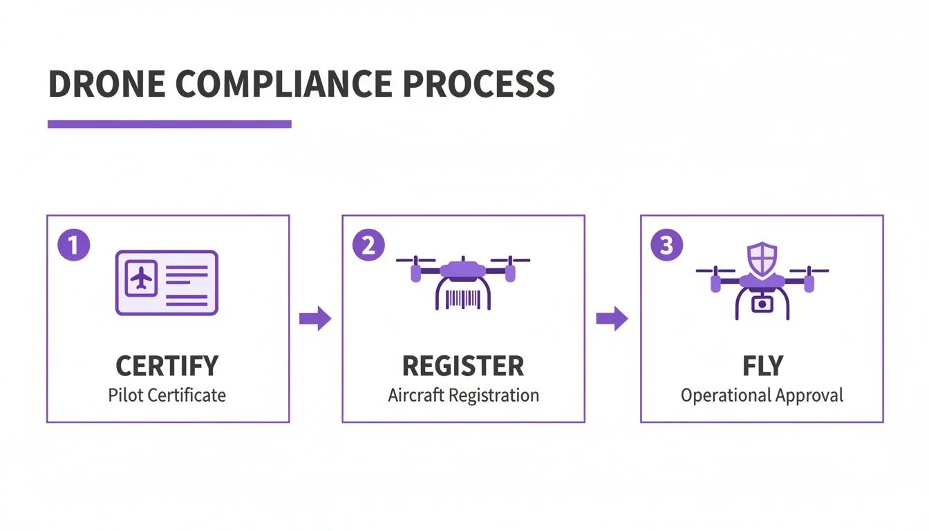 A visual guide illustrating the drone compliance process with steps for pilot certification, aircraft registration, and operational approval.