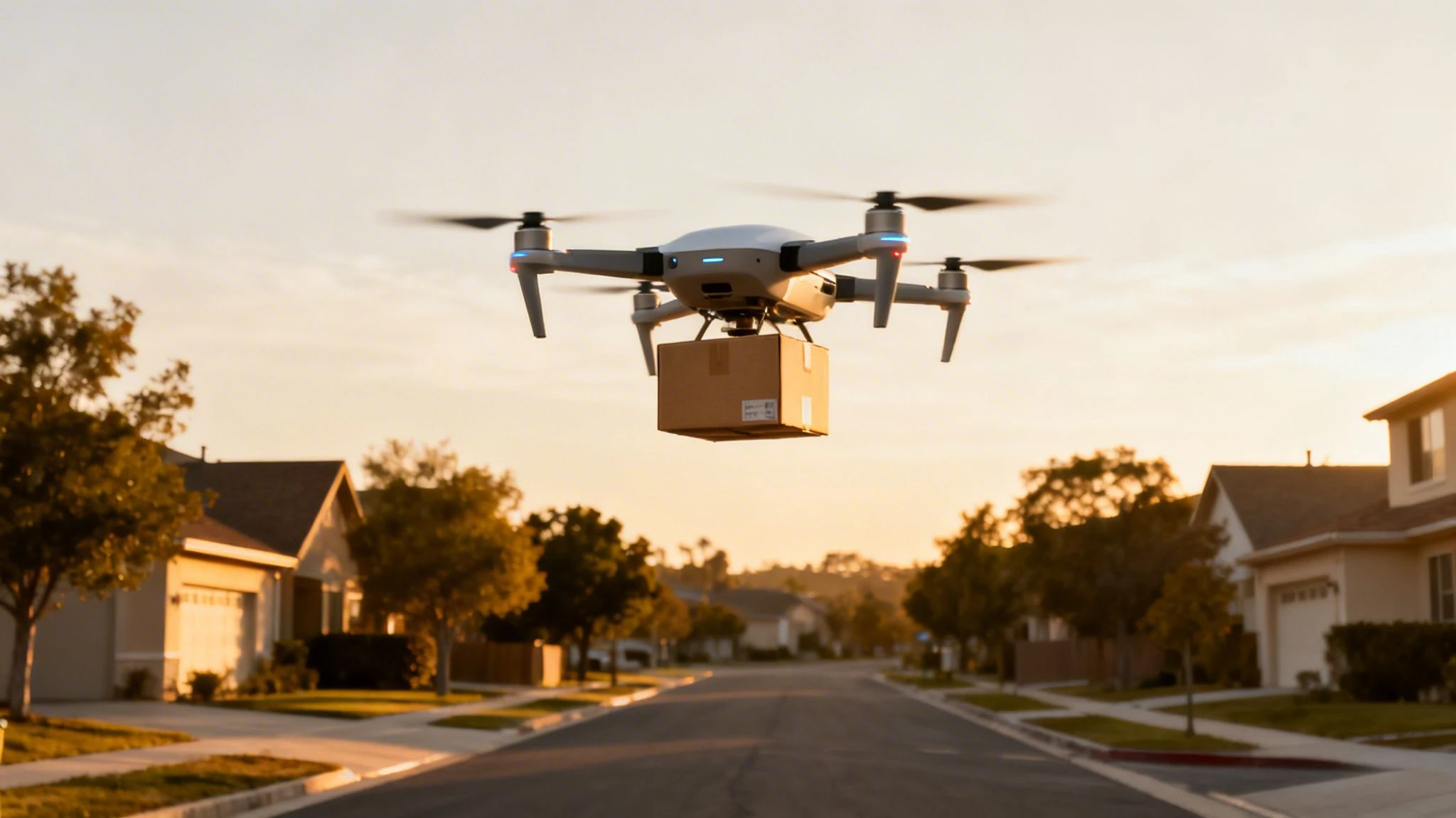 A delivery drone flies over a quiet suburban street at golden hour, carrying a package.