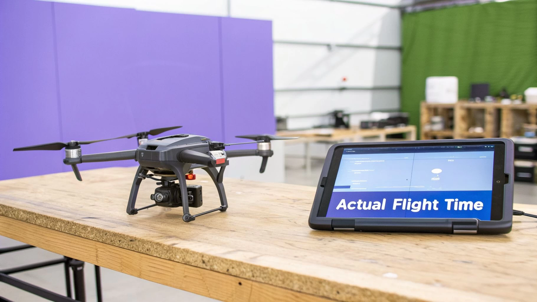 A black drone rests on a wooden table next to a tablet showing 'Actual Flight Time'.