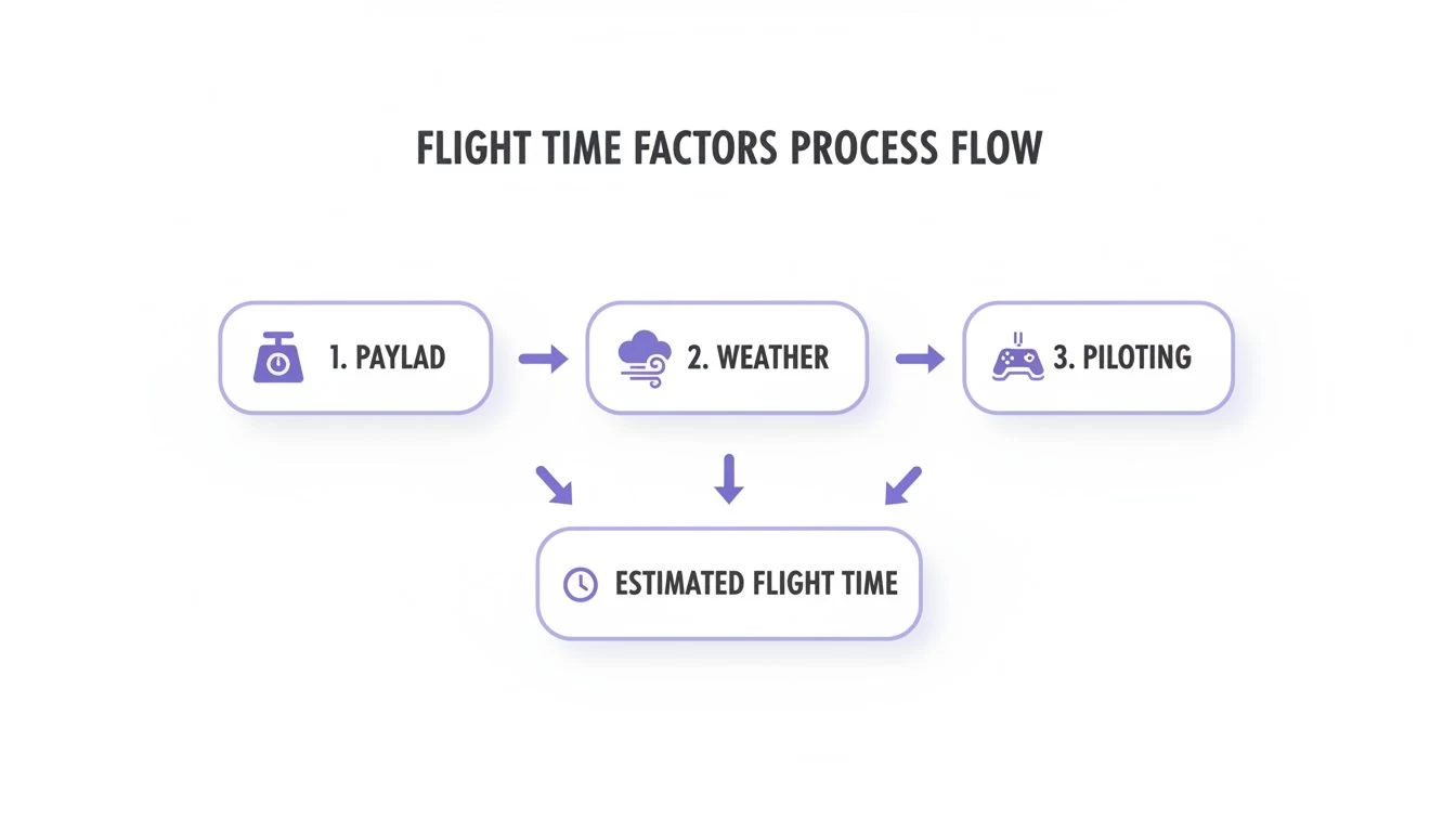A process flow diagram illustrating factors affecting drone flight time: payload, weather, and piloting determine estimated flight time.