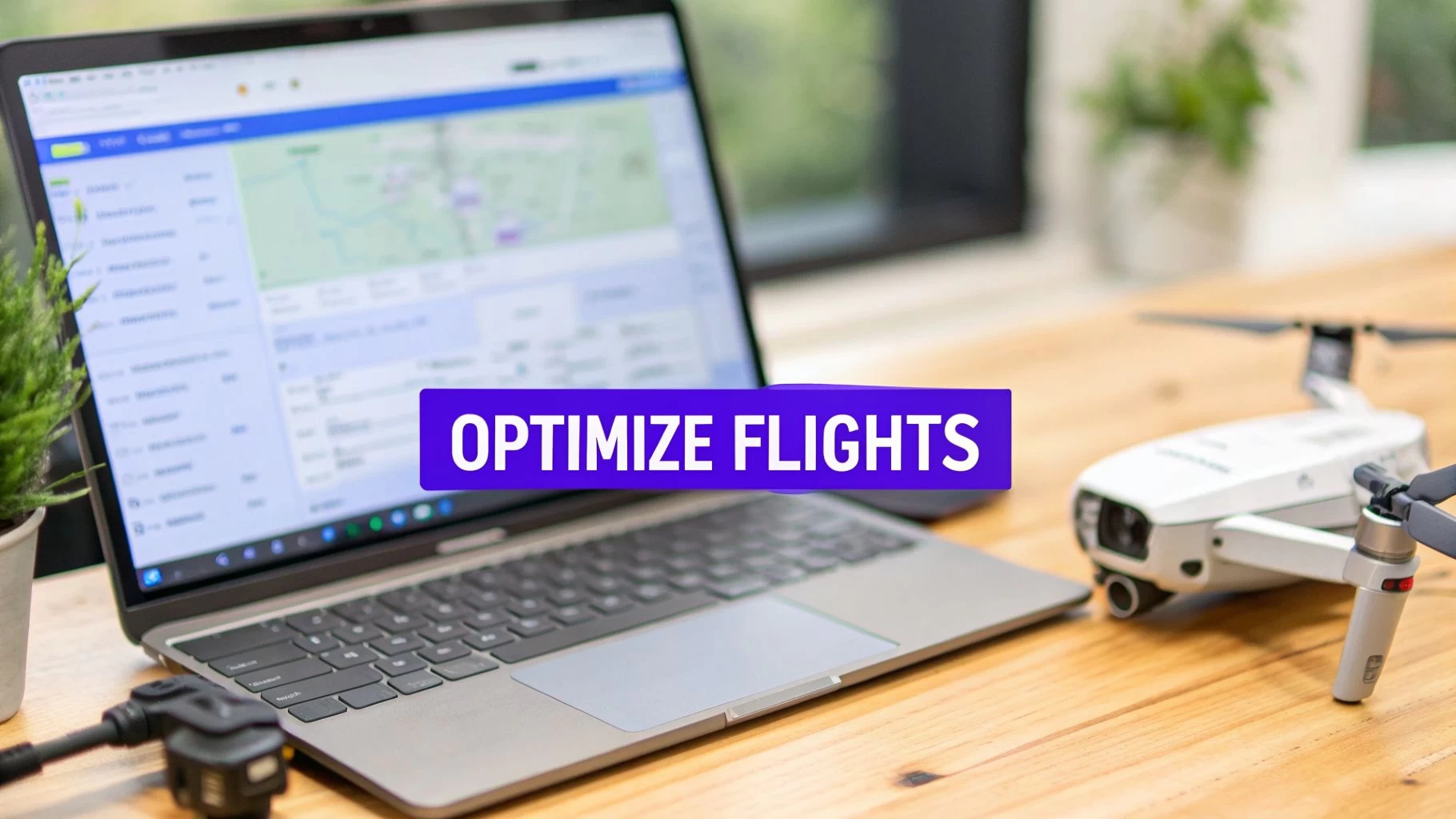 A laptop displaying flight optimization software next to a white drone on a wooden desk.