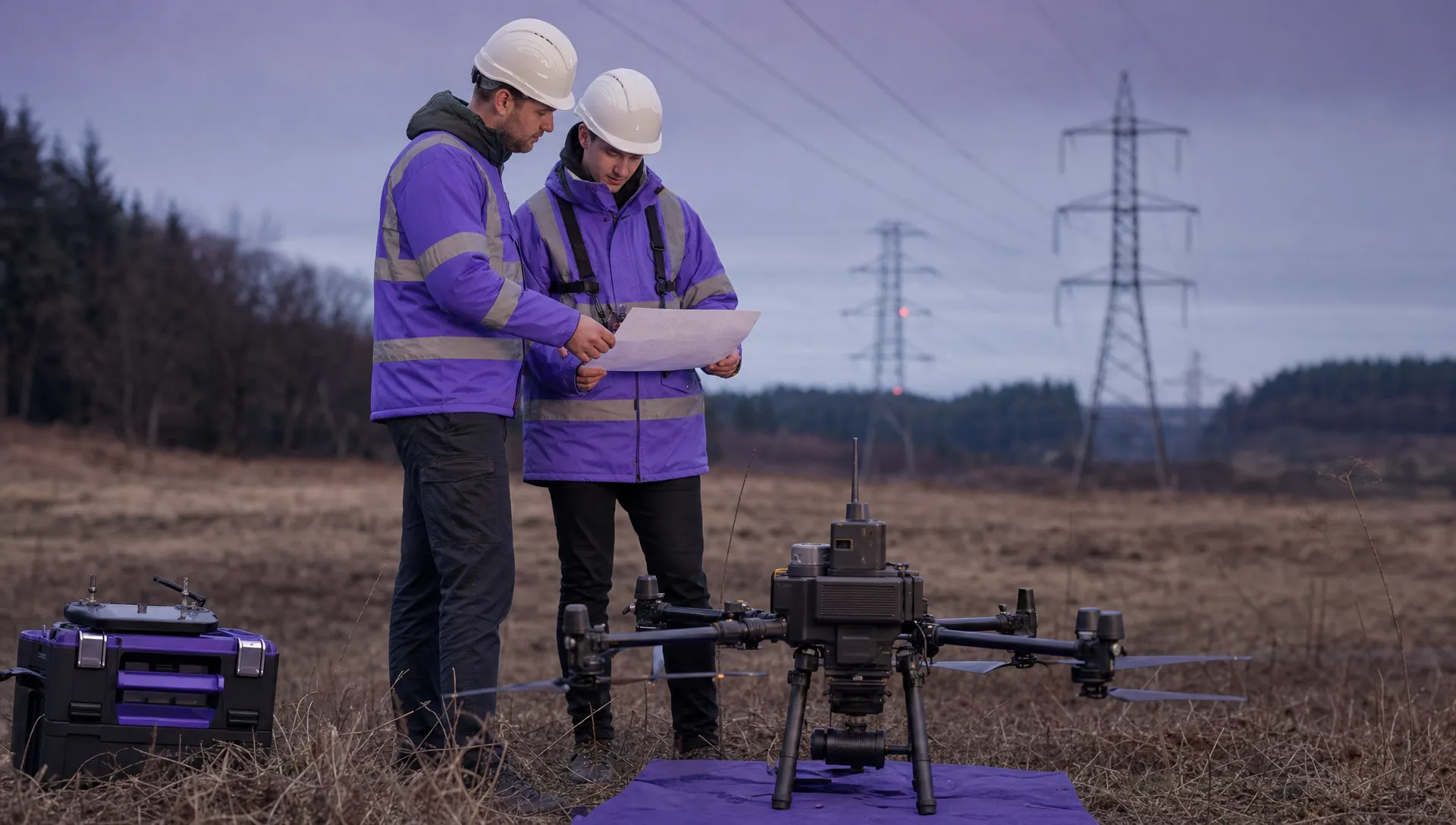 A drone operations team reviews a printed flight plan beside a survey drone in an open field near a utility corridor.