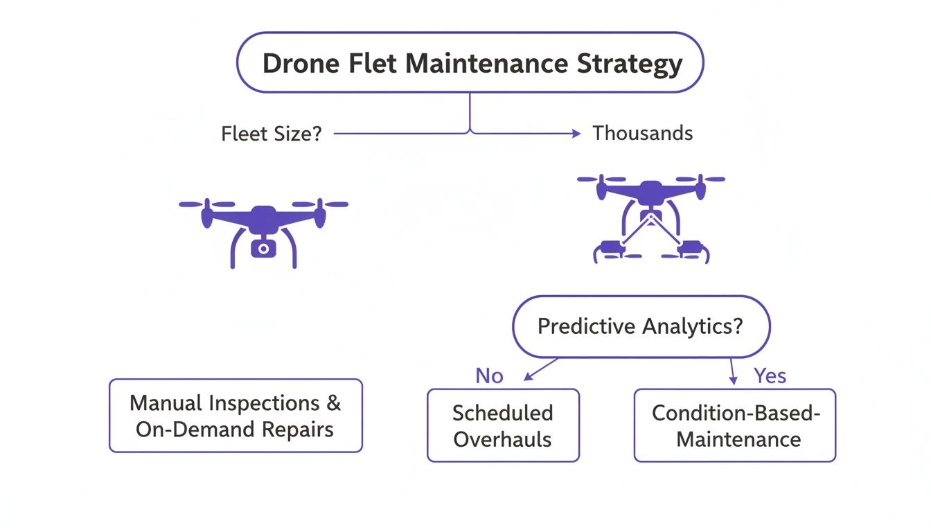 A flowchart outlining drone fleet maintenance strategies based on fleet size and predictive analytics.