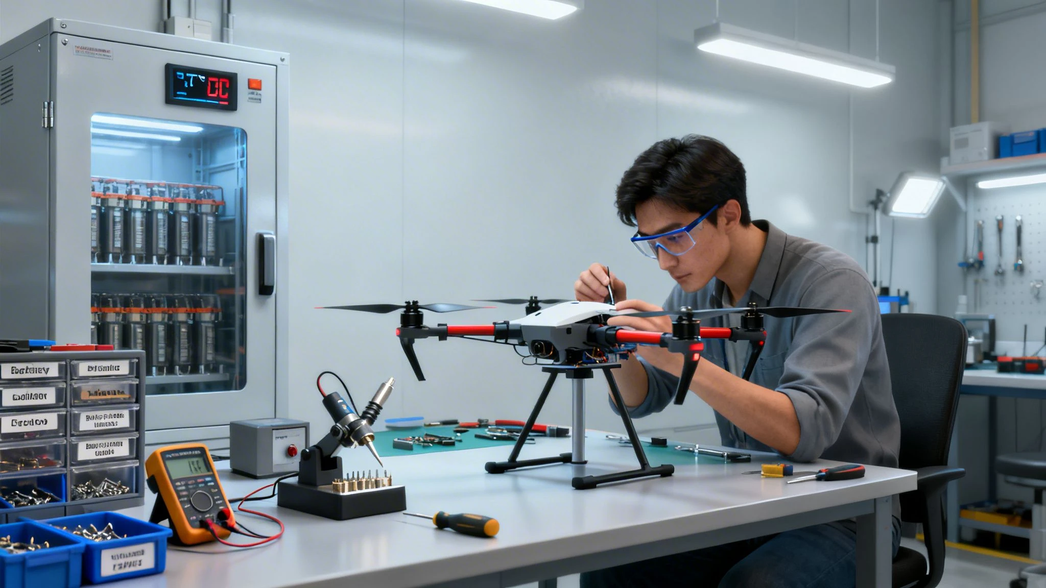 A technician in blue safety glasses repairing or assembling a drone on a workbench.