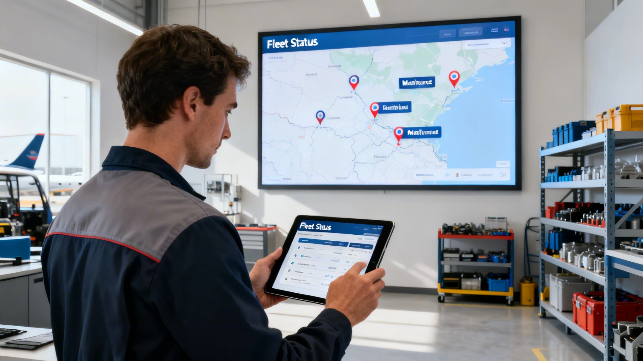 Man in uniform monitors enterprise fleet status on a large display and a tablet in a maintenance facility.