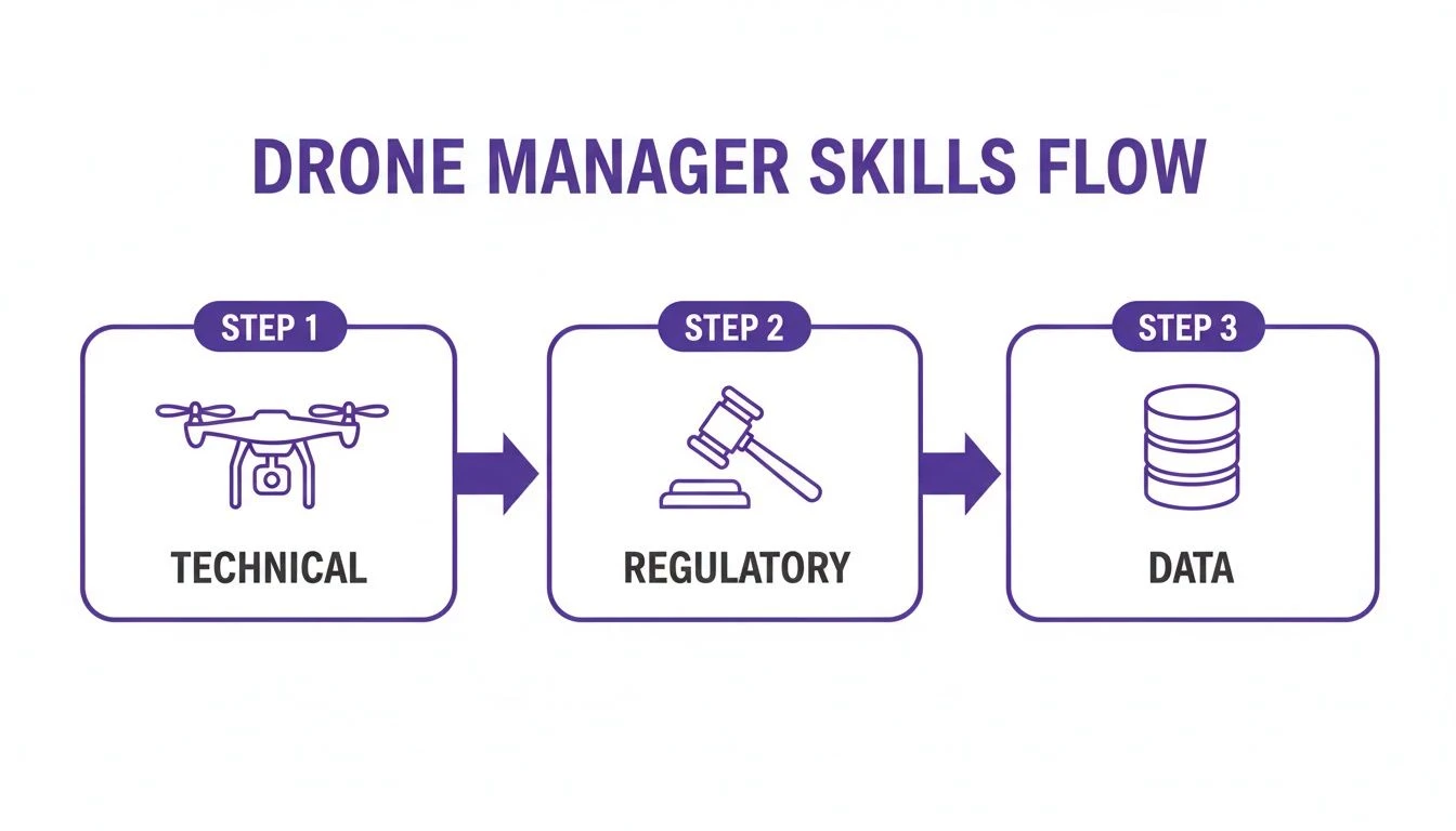 Flowchart outlining drone manager skills: technical, regulatory, and data, represented by icons and steps.