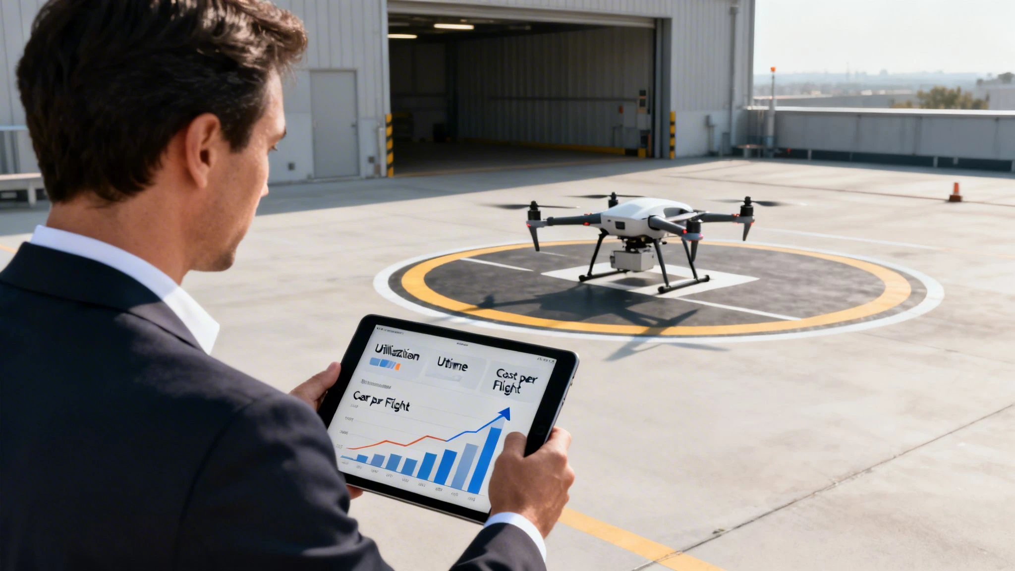 A man in a suit holds a tablet displaying data graphs, looking at a drone on a helipad.
