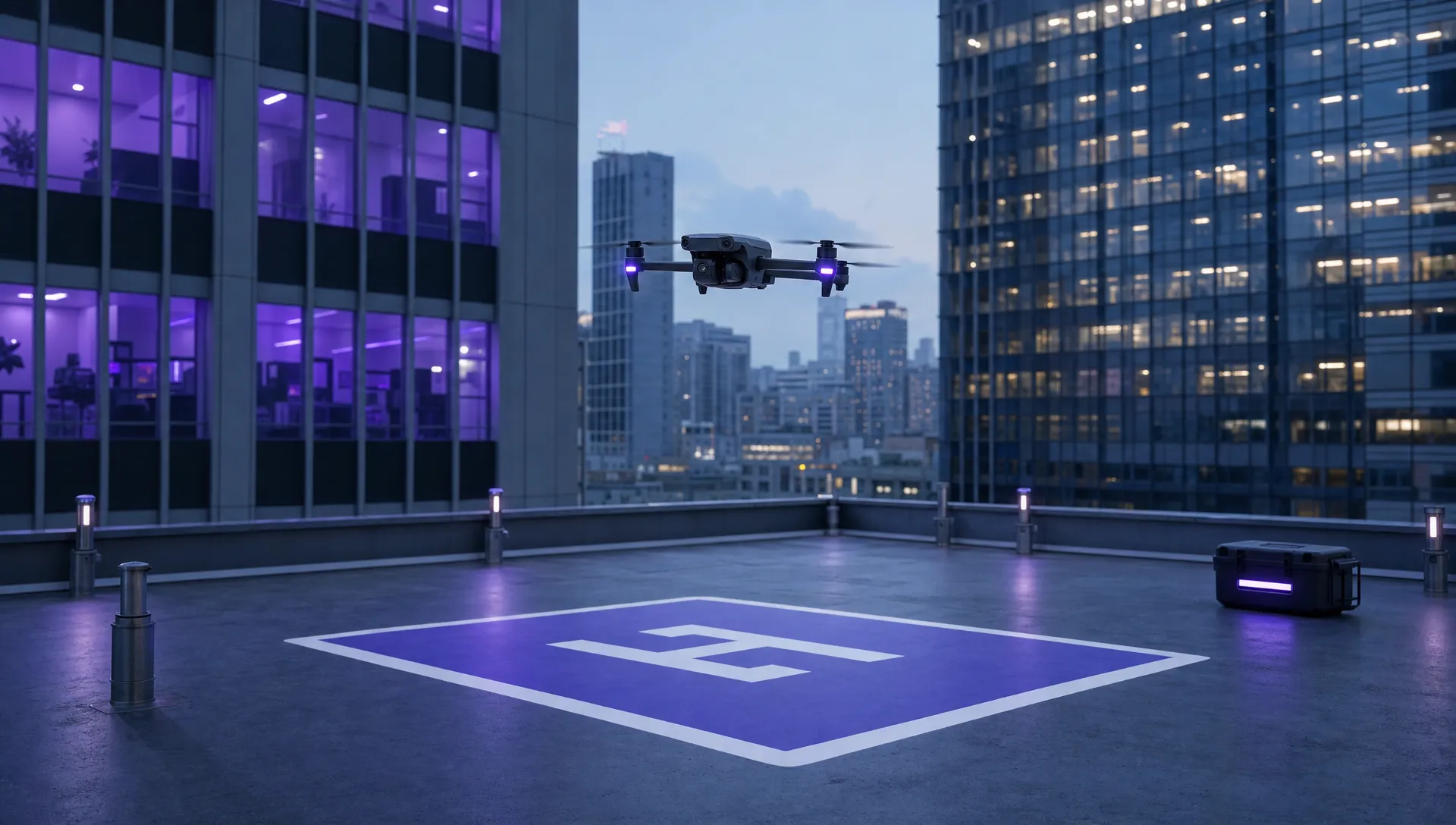 A compact camera drone hovering above a marked take-off point on a quiet city rooftop, with pedestrians kept well away and nearby buildings framing the inspection area.