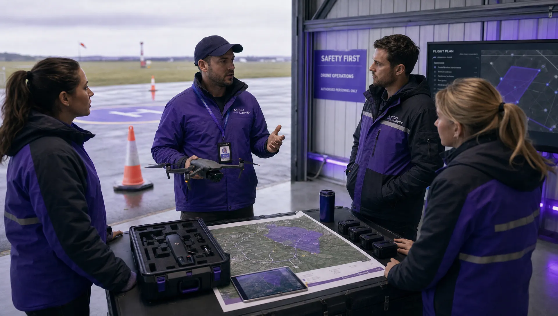 A commercial drone operator briefing a small field team inside an airfield hangar beside a marked take-off area, with a drone case, batteries, a printed site map and safety cones laid out for a planned inspection mission.