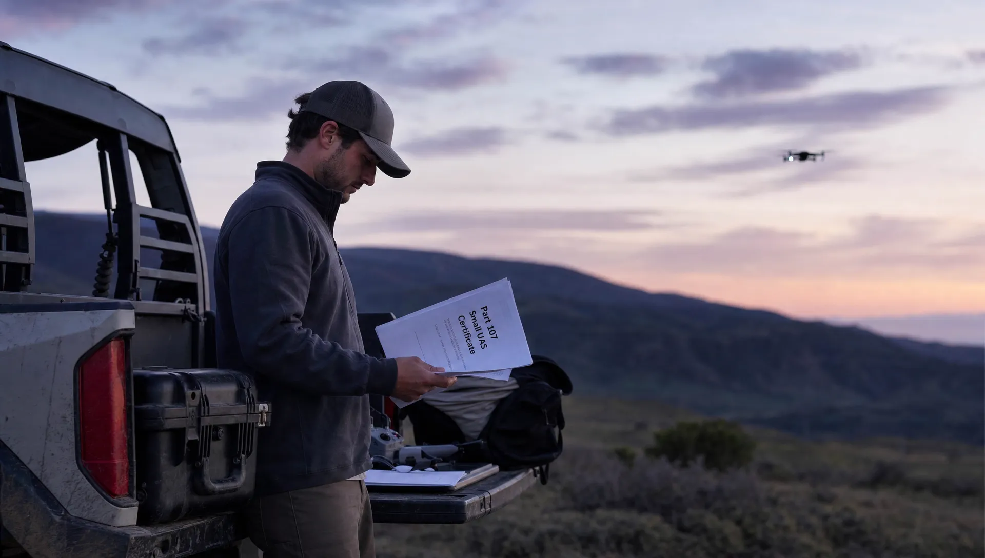 A remote pilot reviews Part 107 paperwork beside a utility vehicle while a drone flies high and far in the background.
