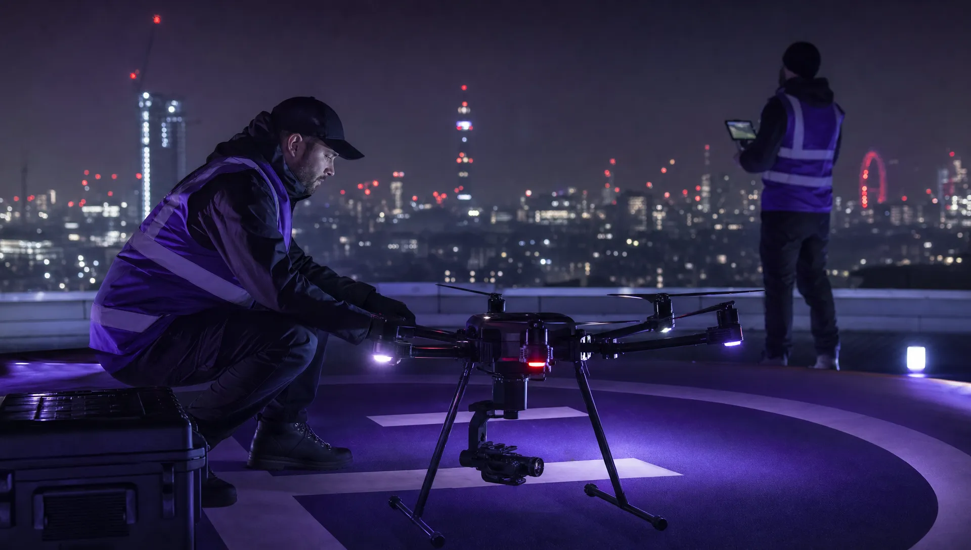 A commercial drone pilot conducting a night pre-flight check beside a marked landing area, with anti-collision lights visible on the drone and a second crew member scanning the surrounding airspace.